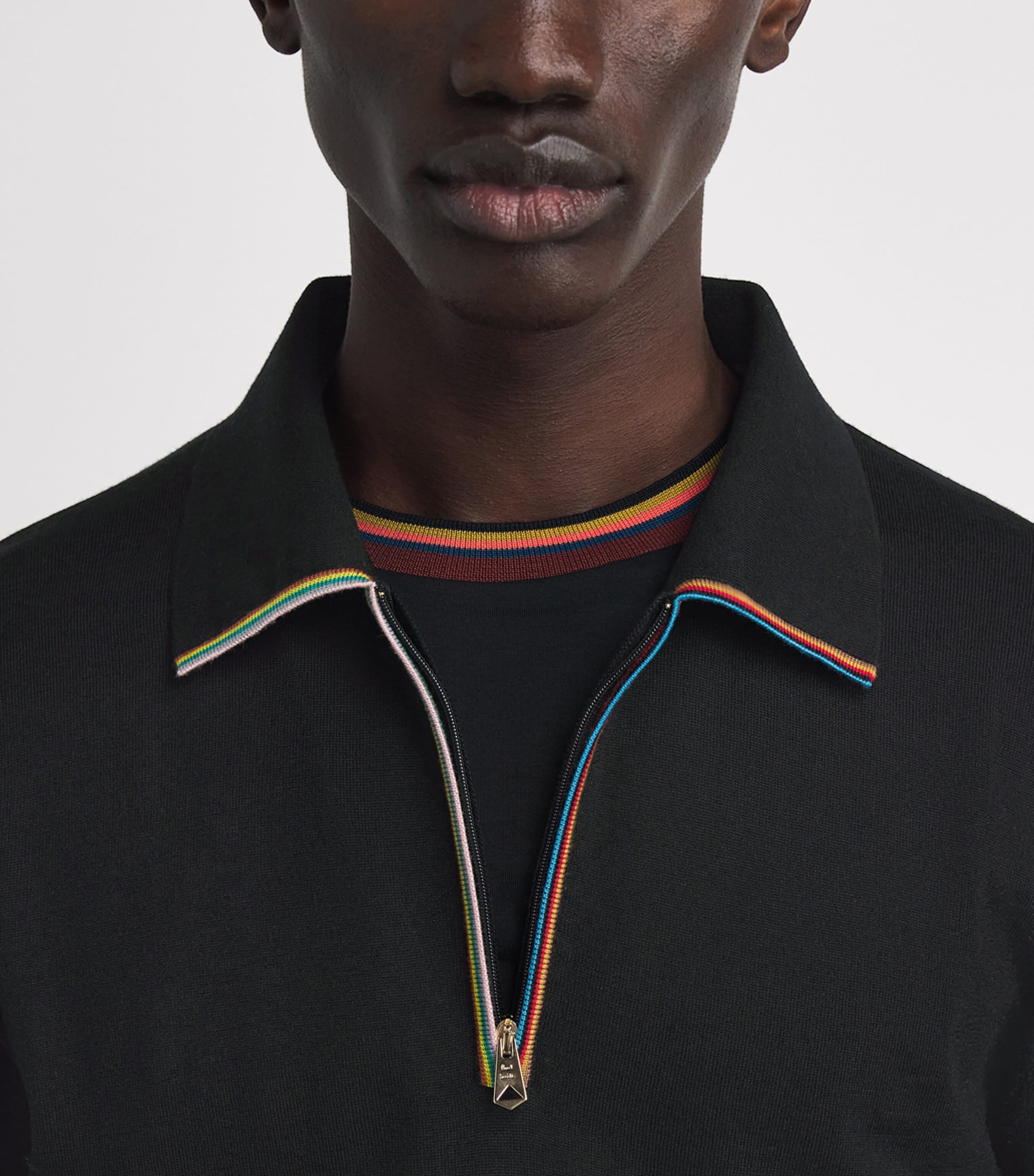 Merino Wool Signature Stripe Zip Polo Shirt BLACK-79 Image 6