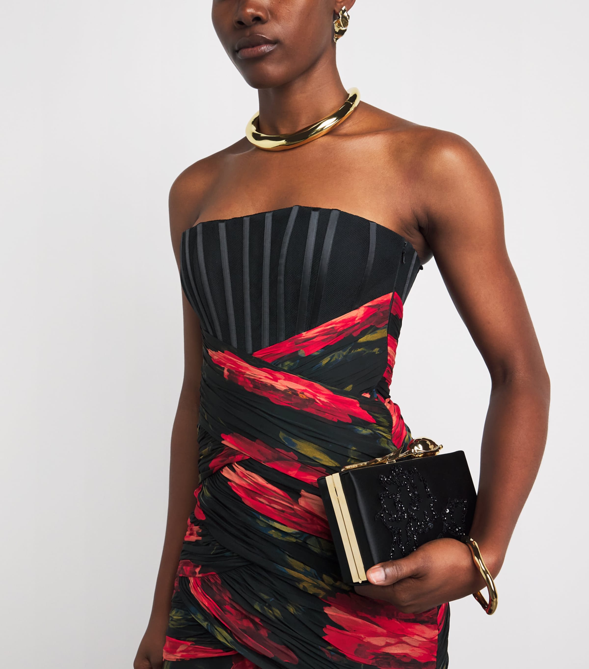 Carolina Herrera Womens Silk Chiffon Floral Bustier Gown Black Multi Image 3