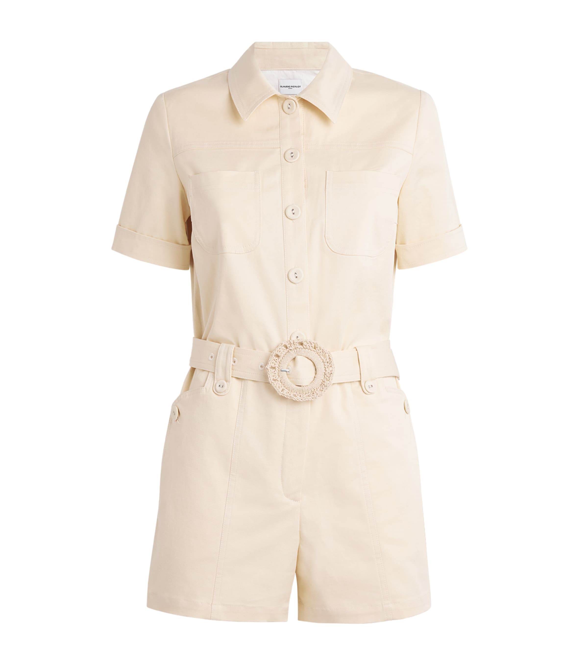 Claudie Pierlot Cotton-blend Belted Playsuit In Neutral