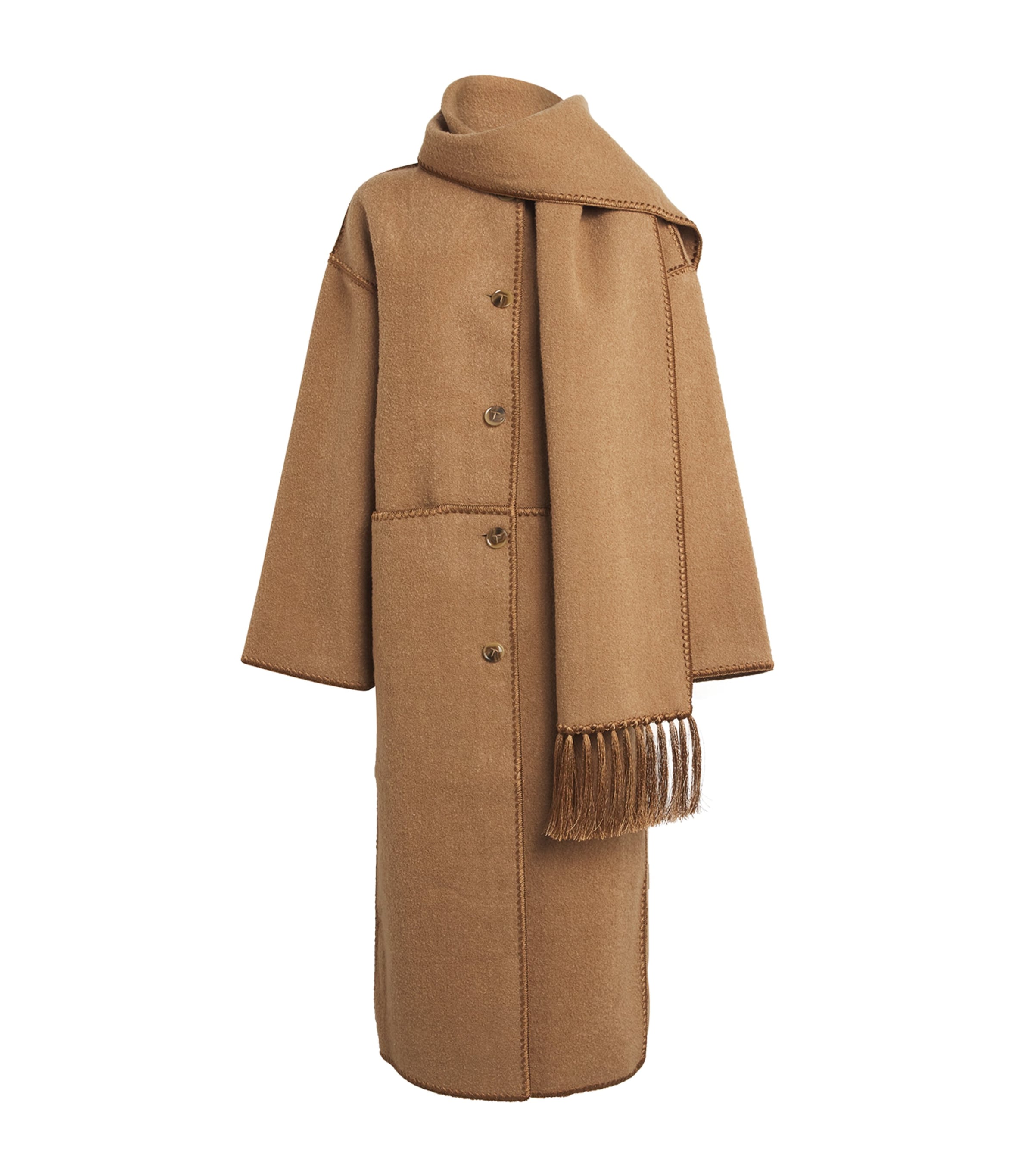 Totême Draped Fringed Wool-blend Bouclé Coat In Brown