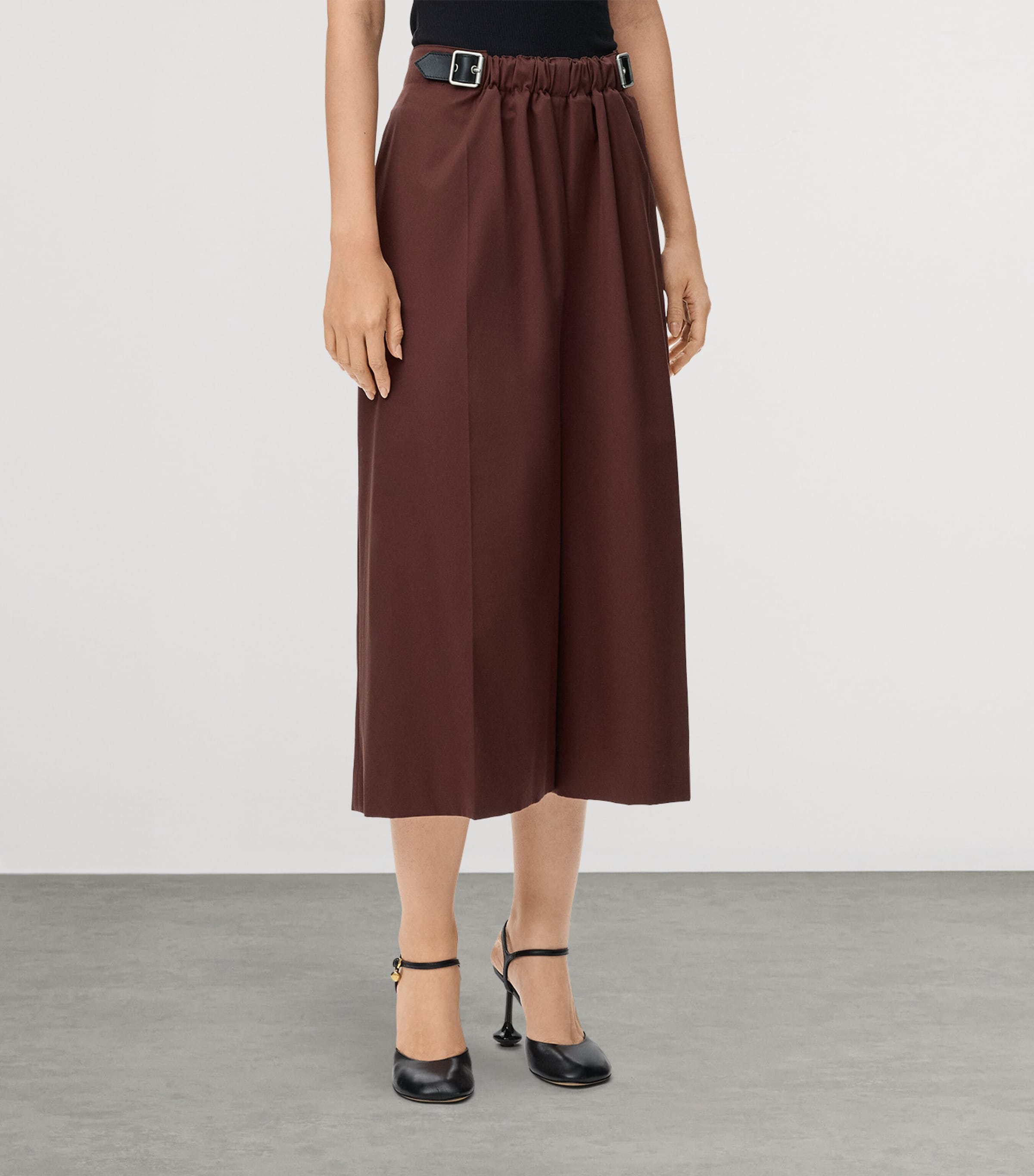 Cotton-Silk Buckled Cropped Wide-Leg Trousers COFFEE Image 3