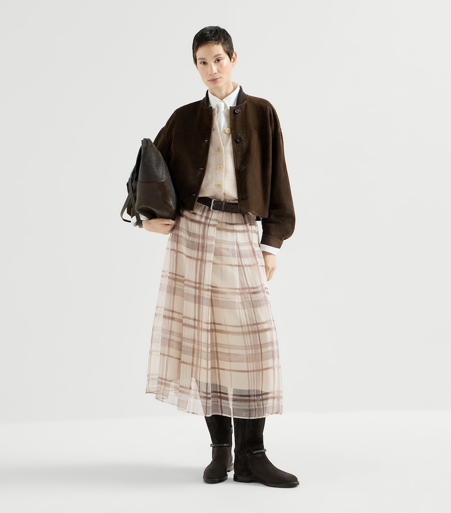 Brunello Cucinelli Womens Silk Check Midi Skirt Image 2
