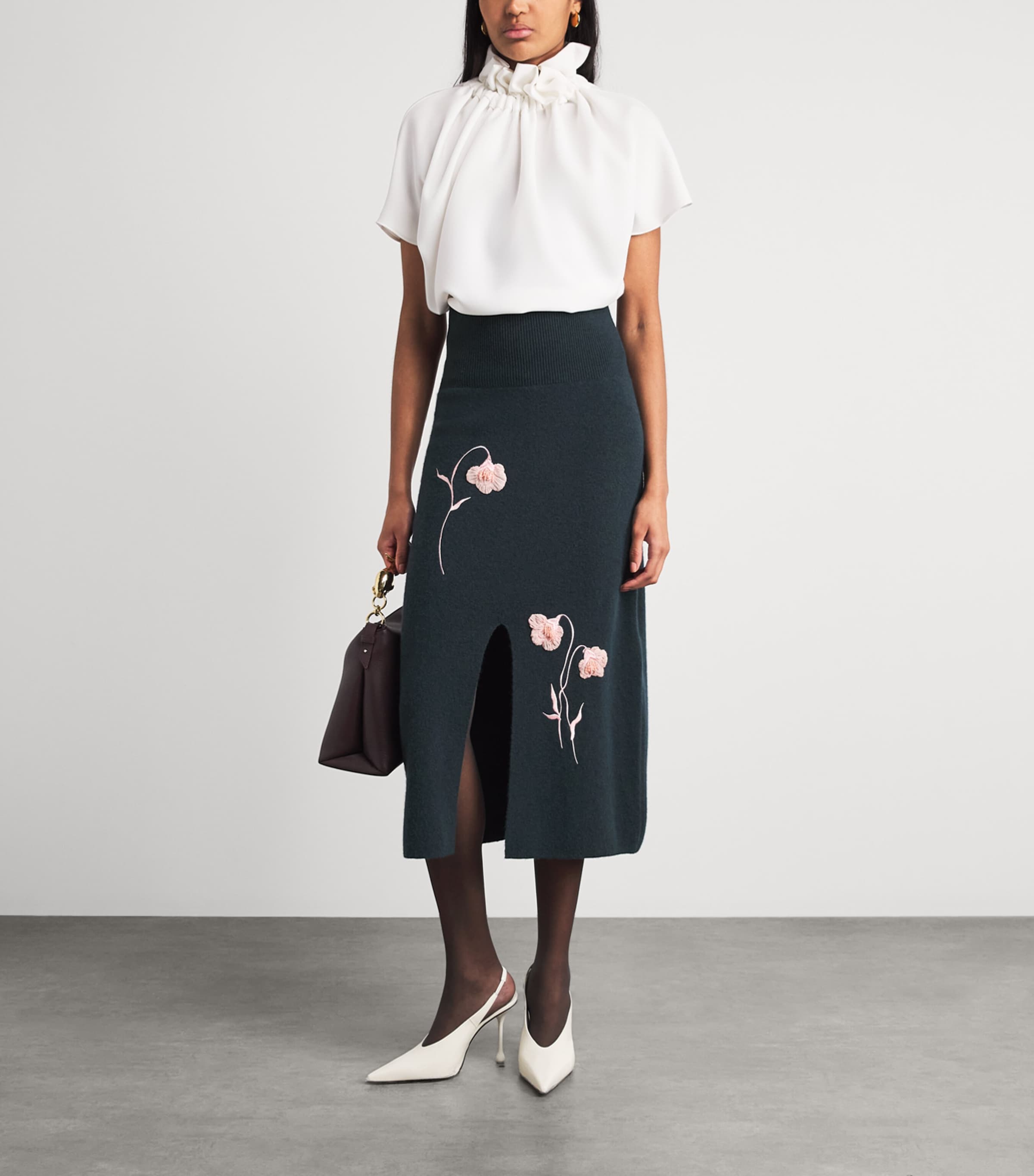 Erdem Womens Embroidered Midi Pencil Skirt Forest Green Image 2