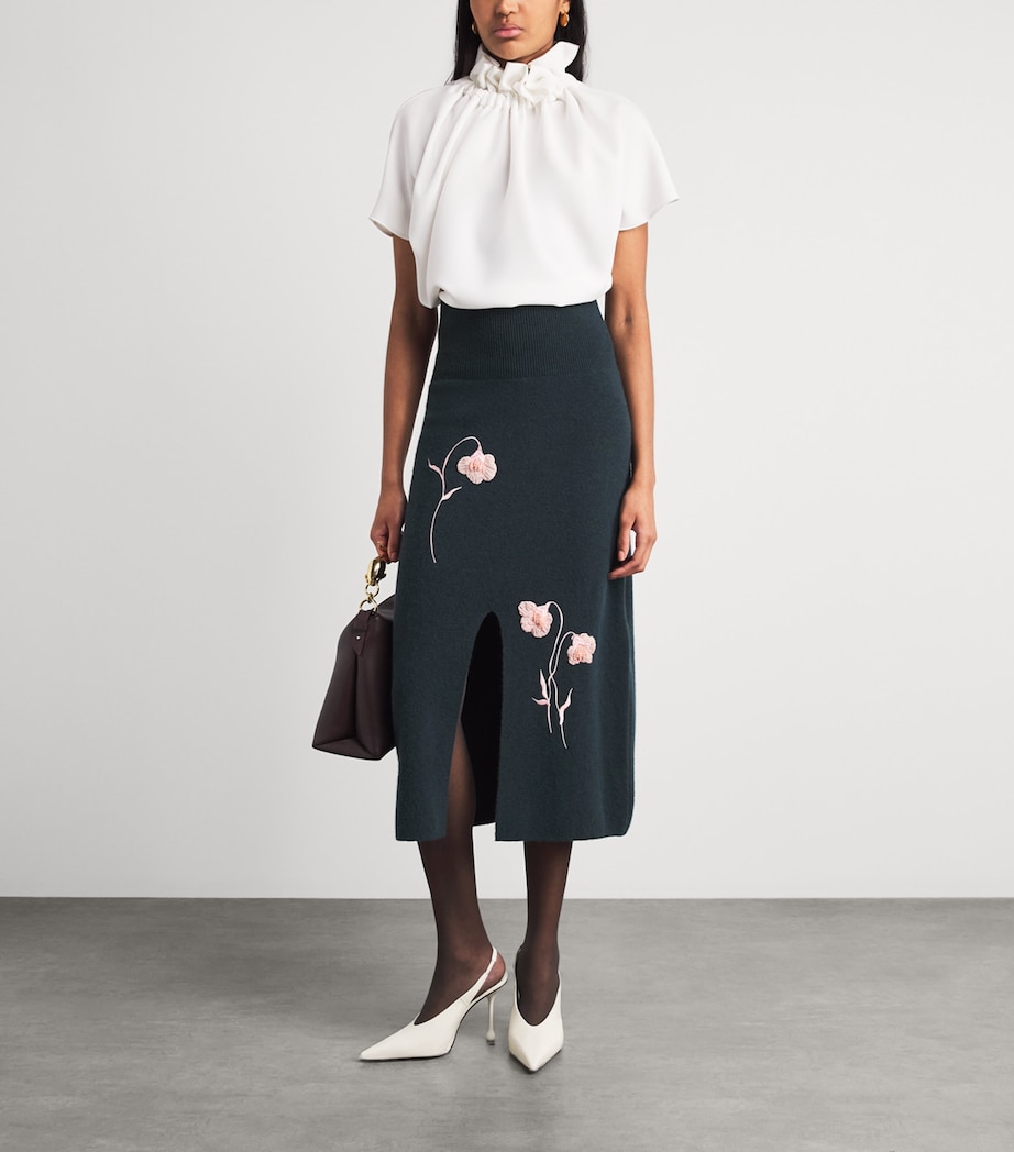 Erdem Womens Embroidered Midi Pencil Skirt Forest Green Image 2