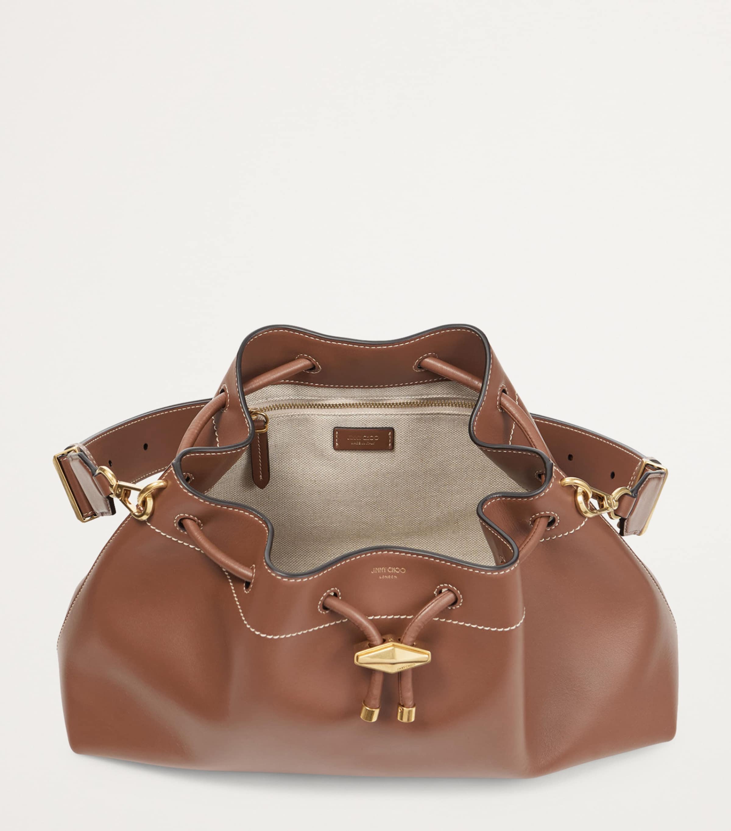 Medium Cinch Leather Bucket Bag TAN/ECRU/GOLD Image 5