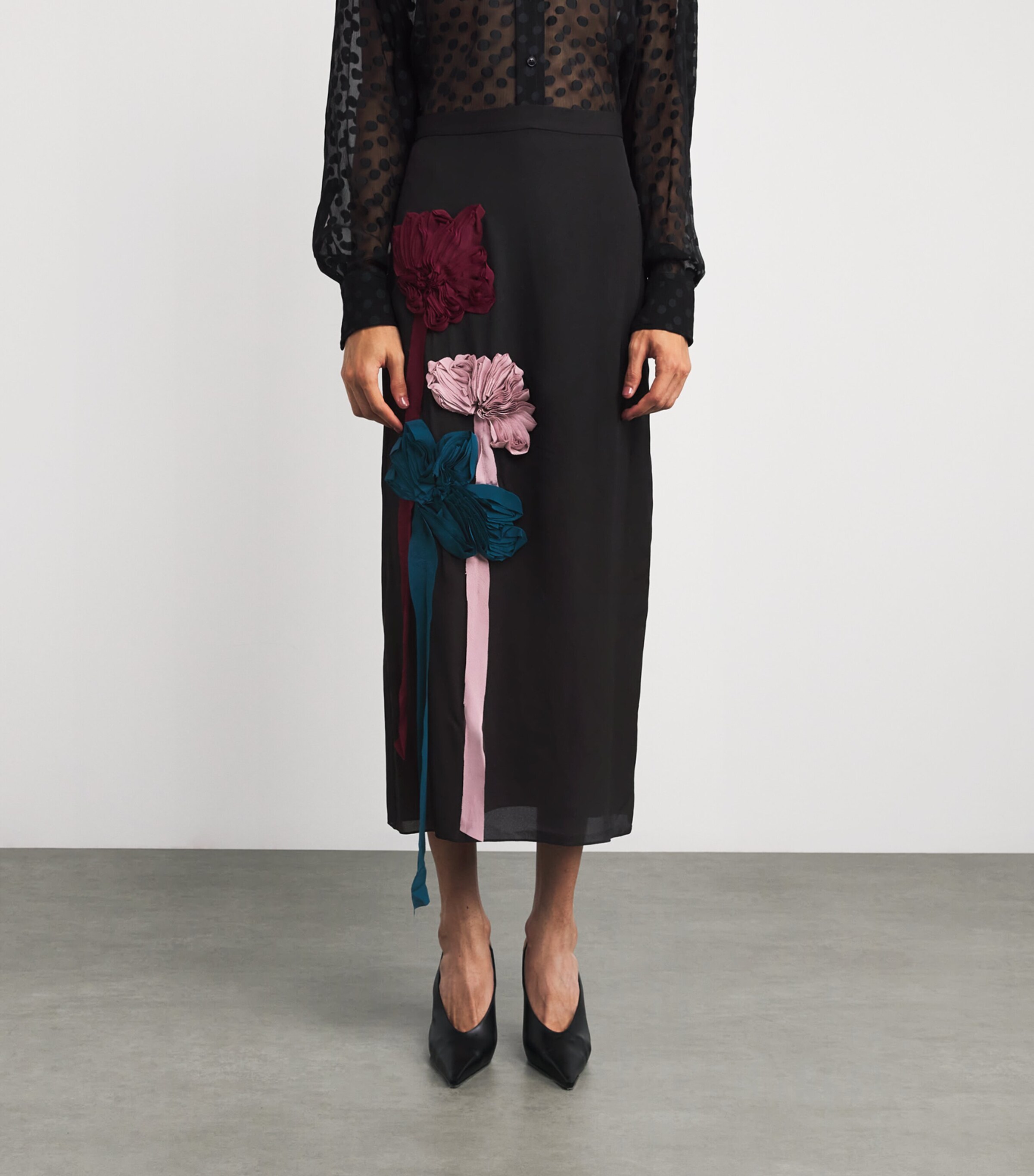 Silk-Blend Georgette Appliqué Midi Skirt BLACK Image 3