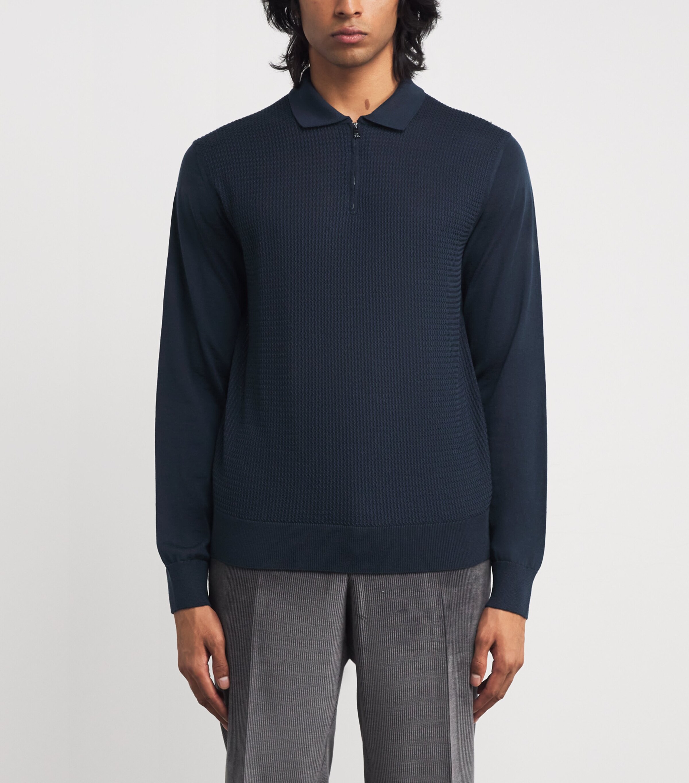 Corneliani Mens Virgin Wool Quarter-Zip Polo Sweater China Blue Image 3