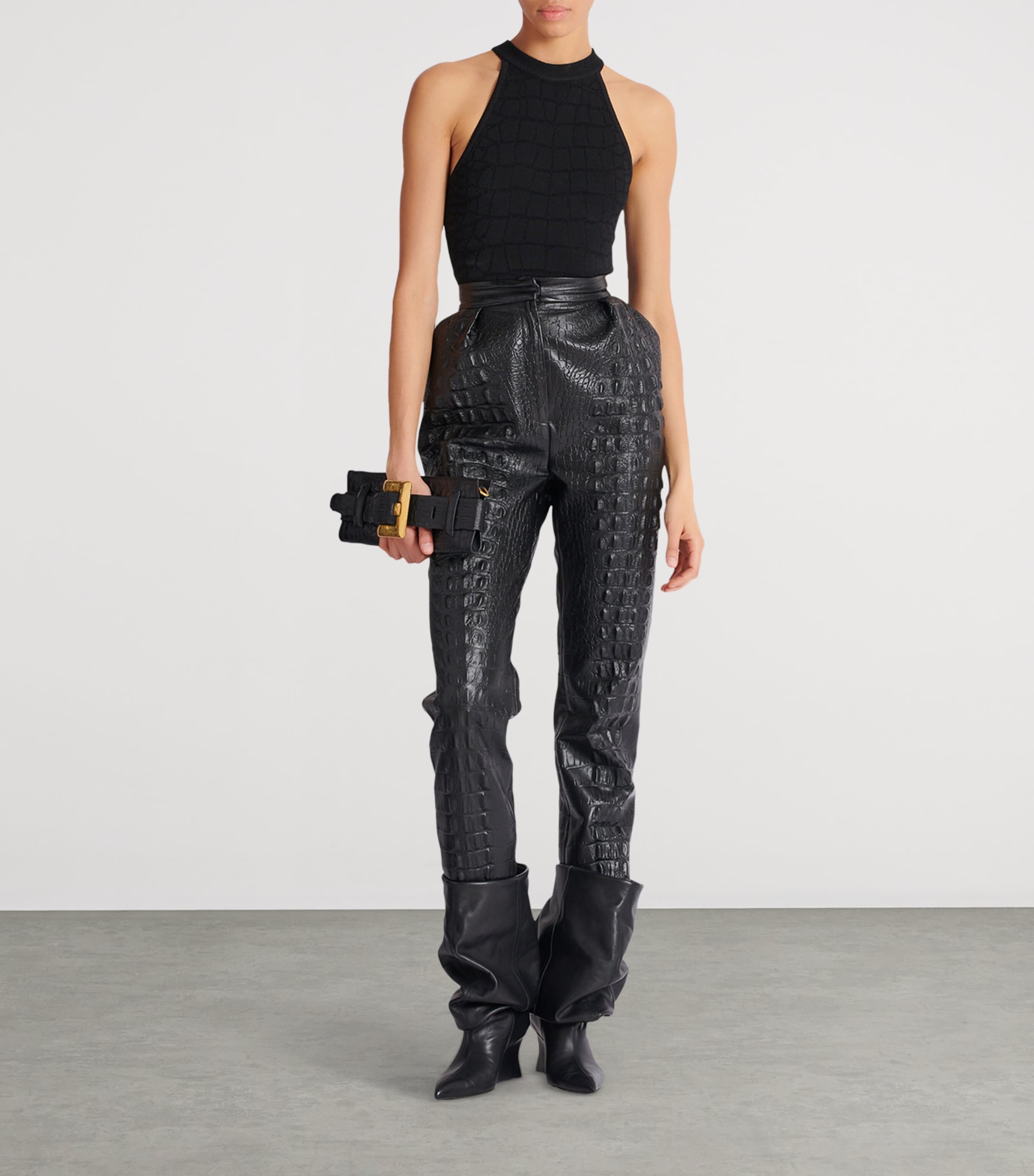 Croc-Embossed Straight-Leg Trousers 0PA NOIR Image 2