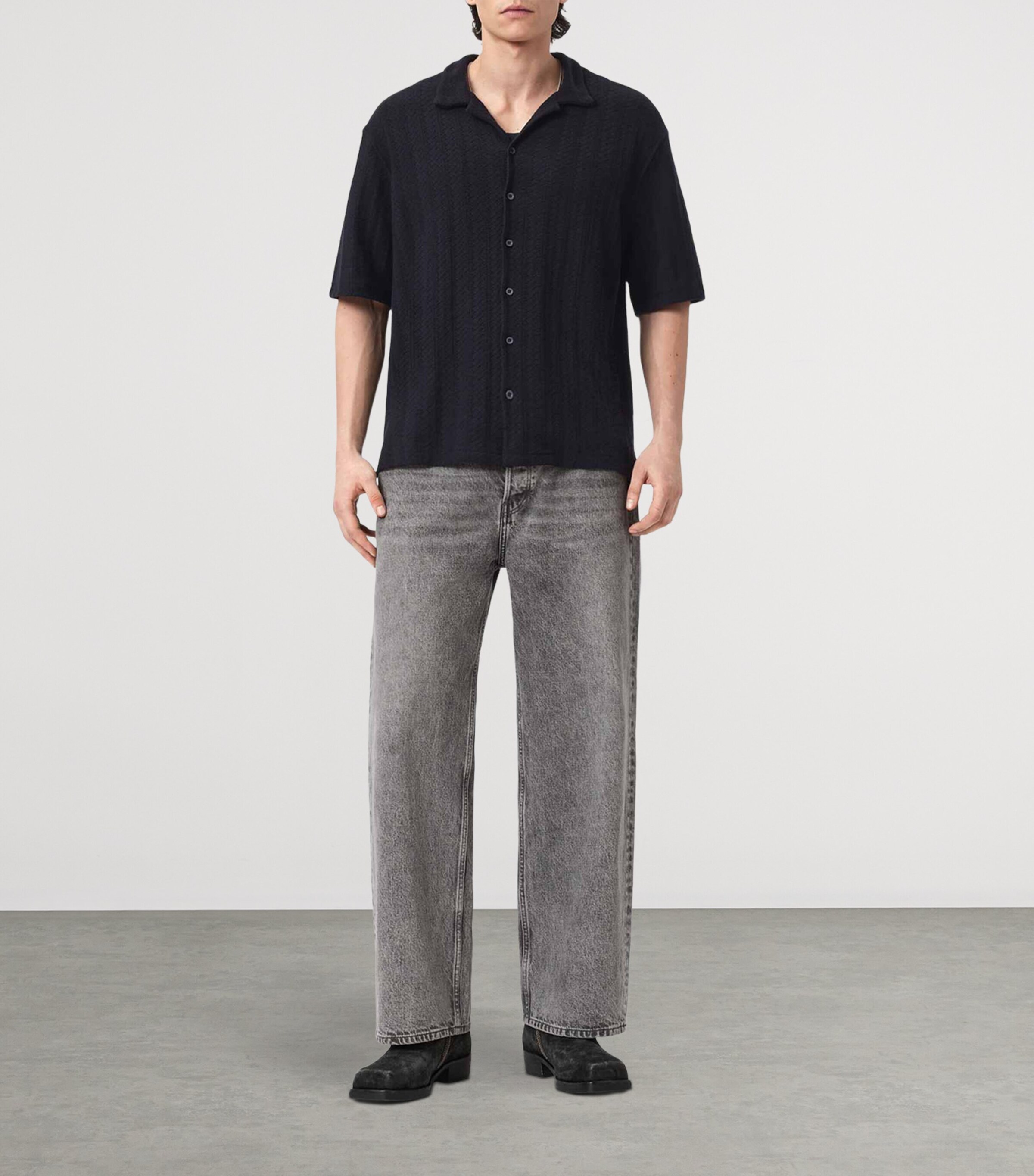 AllSaints Mens Knitted Trace Shirt Jet Black Image 2
