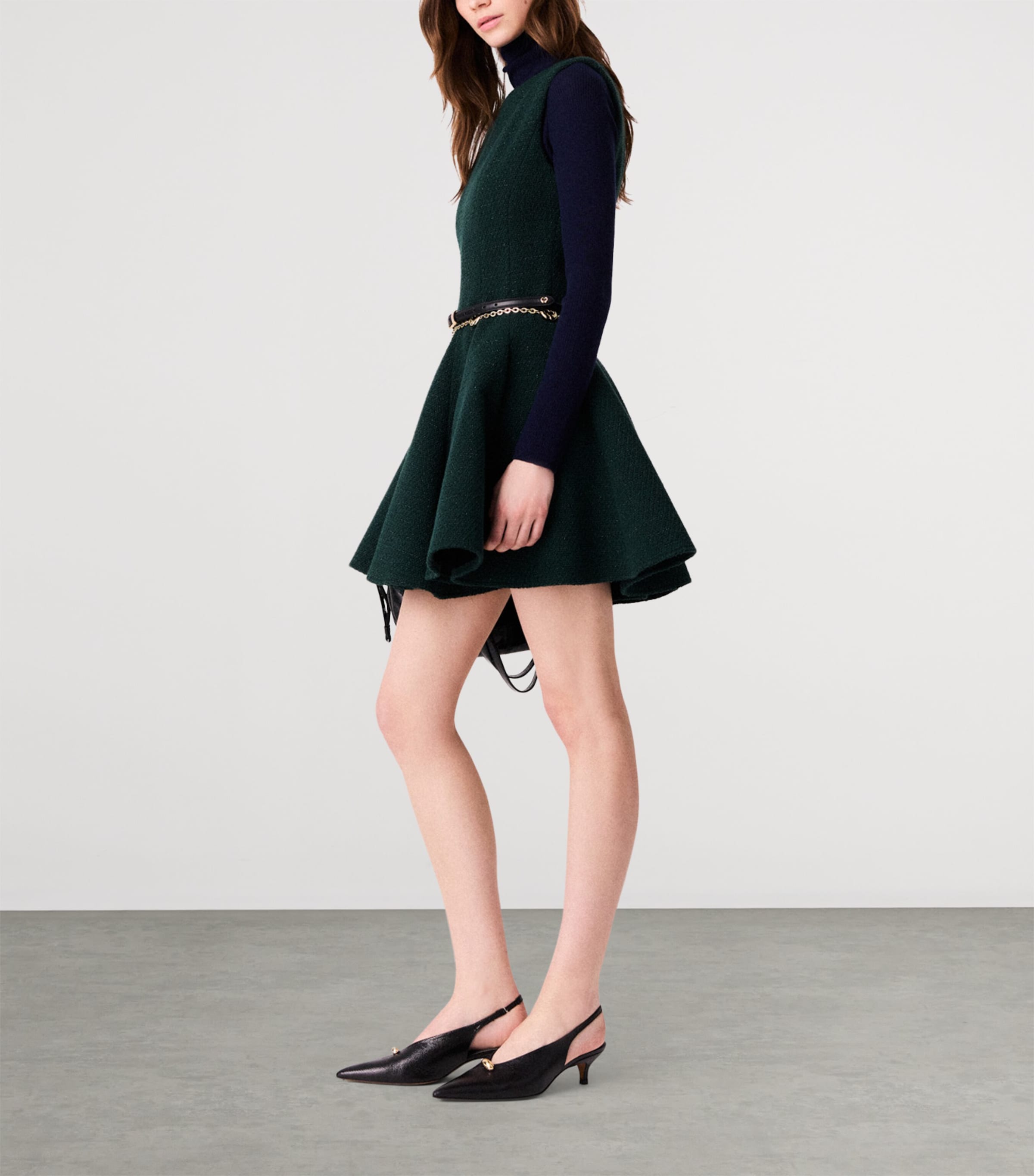 Maje Womens Tweed Sleeveless Mini Dress Bottle Green Image 3