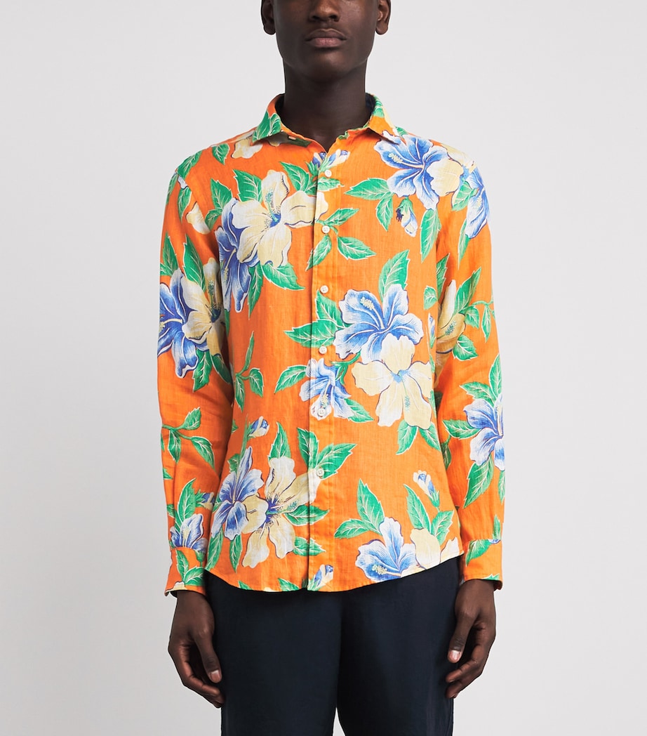 Polo Ralph Lauren Mens Linen Tropical Floral Print Shirt Orange Hibiscs Image 4