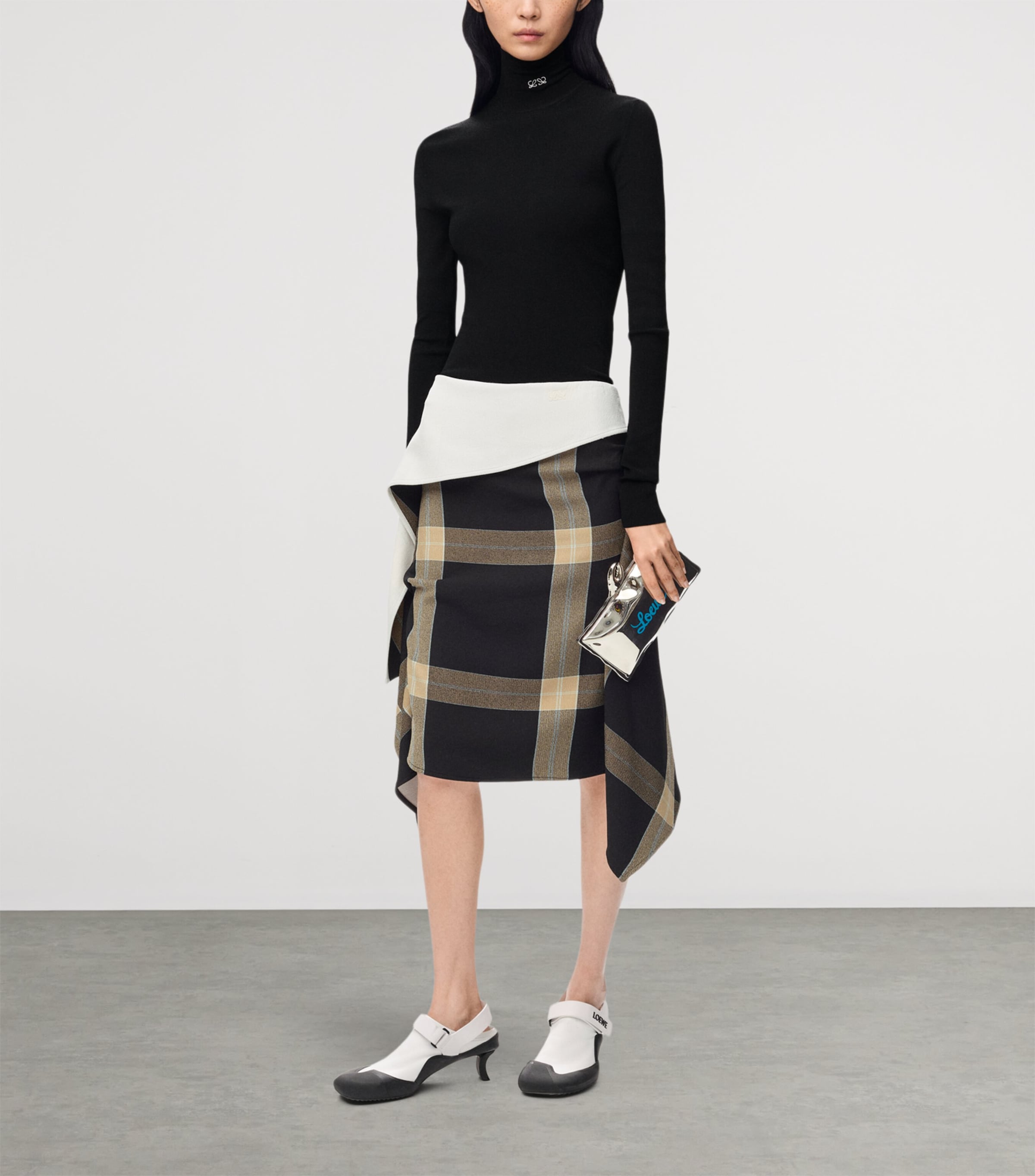 LOEWE Womens Draped Check Mini Skirt Black/beige Image 2