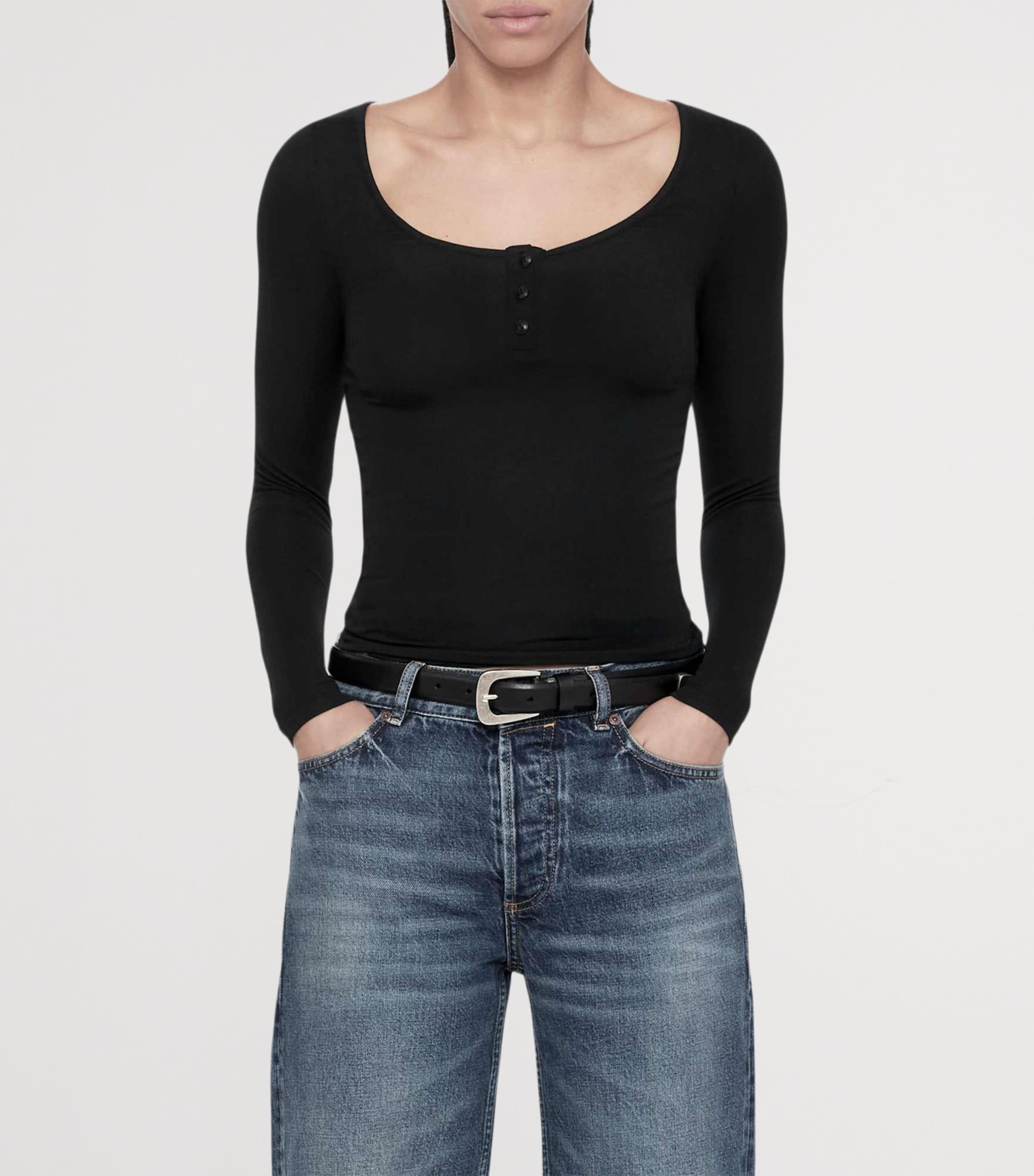 AllSaints Womens Jules Henley Long-Sleeve T-Shirt Jet Black Image 3