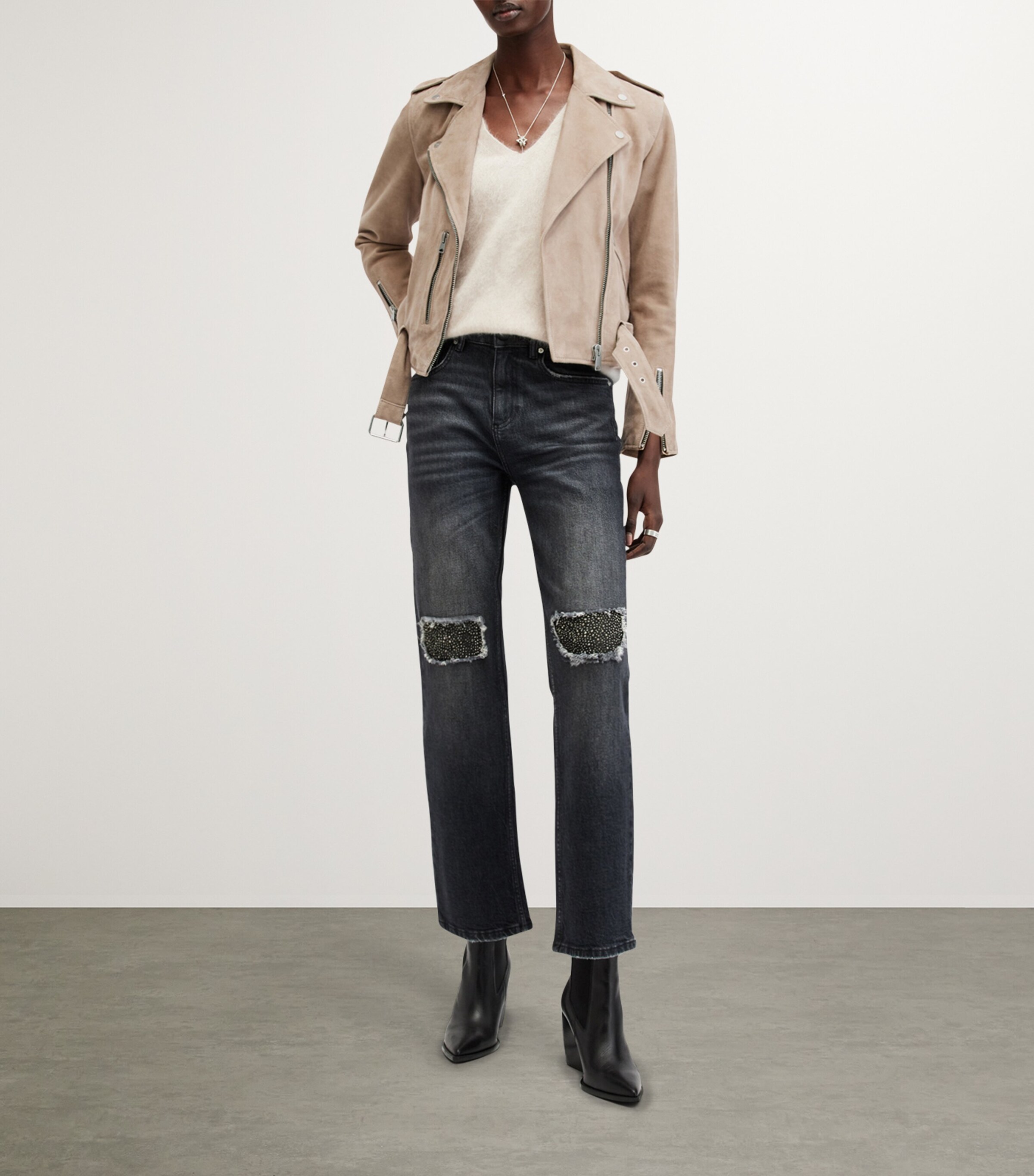 AllSaints Womens Suede Balfern Biker Jacket Warm Taupe Grey Image 2