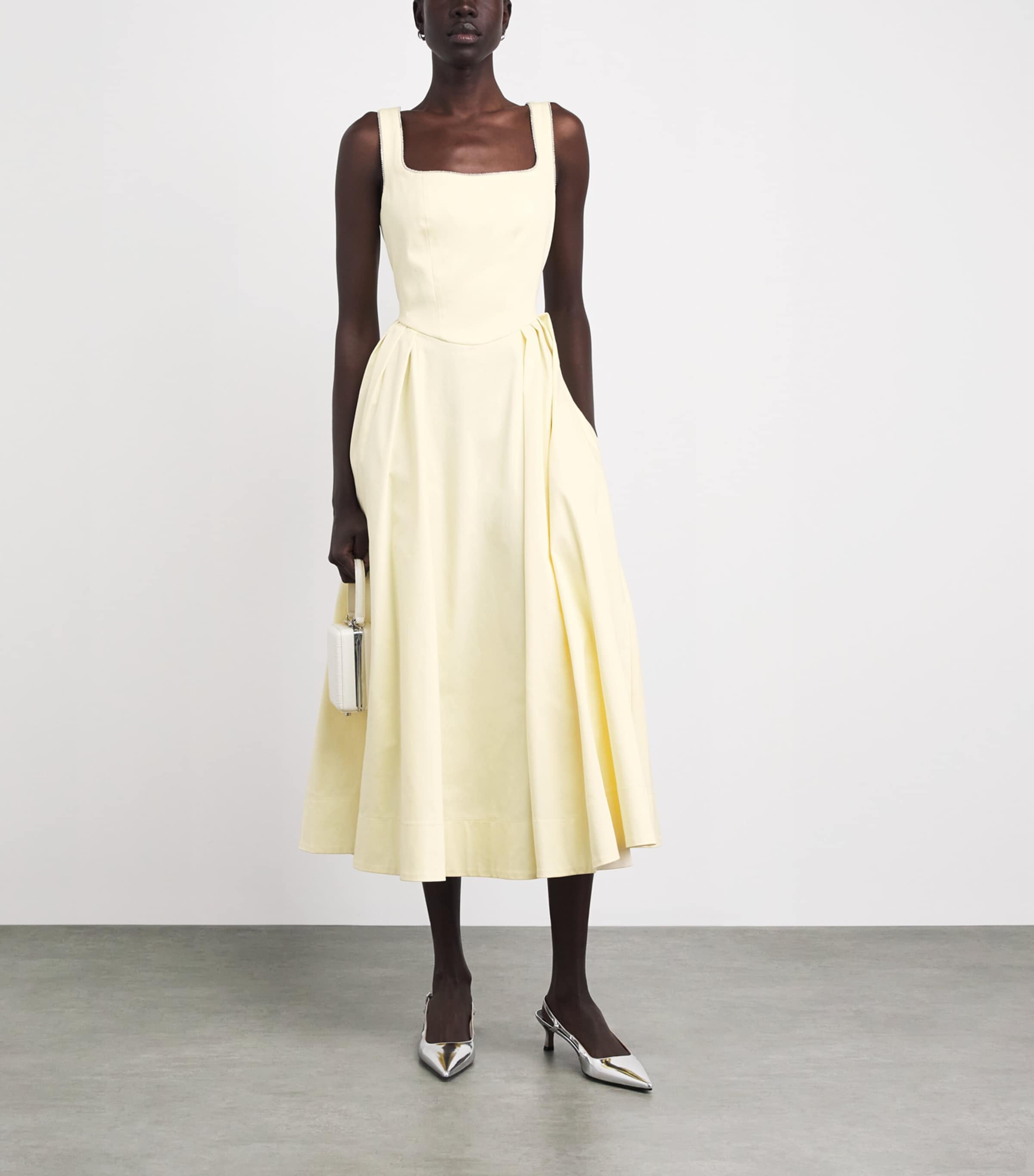 Maje Womens Stretch-Cotton Rhinestone-Trim Midi Dress Pale Yellow Image 2