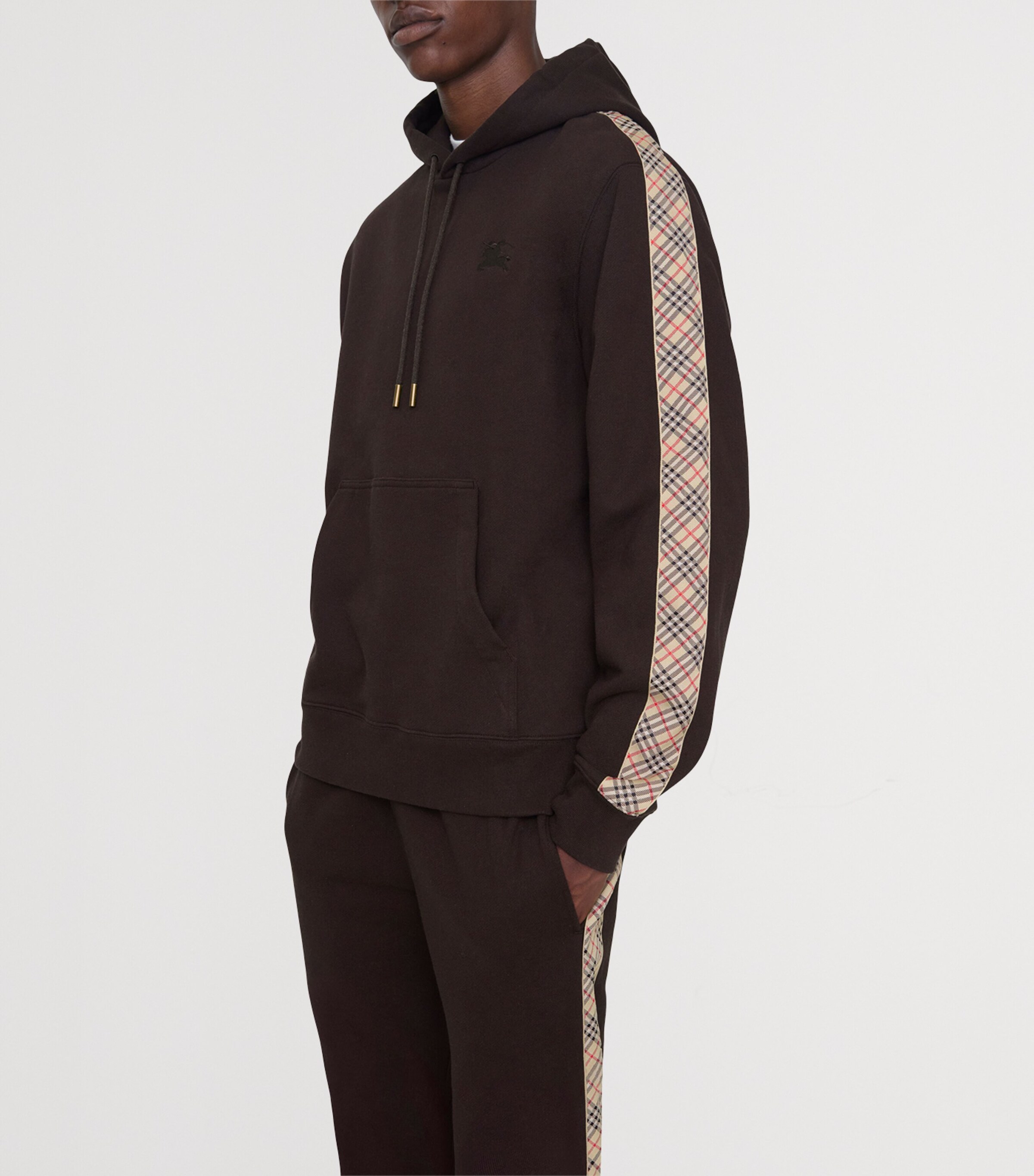 Cotton Check-Trim Slim Hoodie CLOVE BROWN Image 2