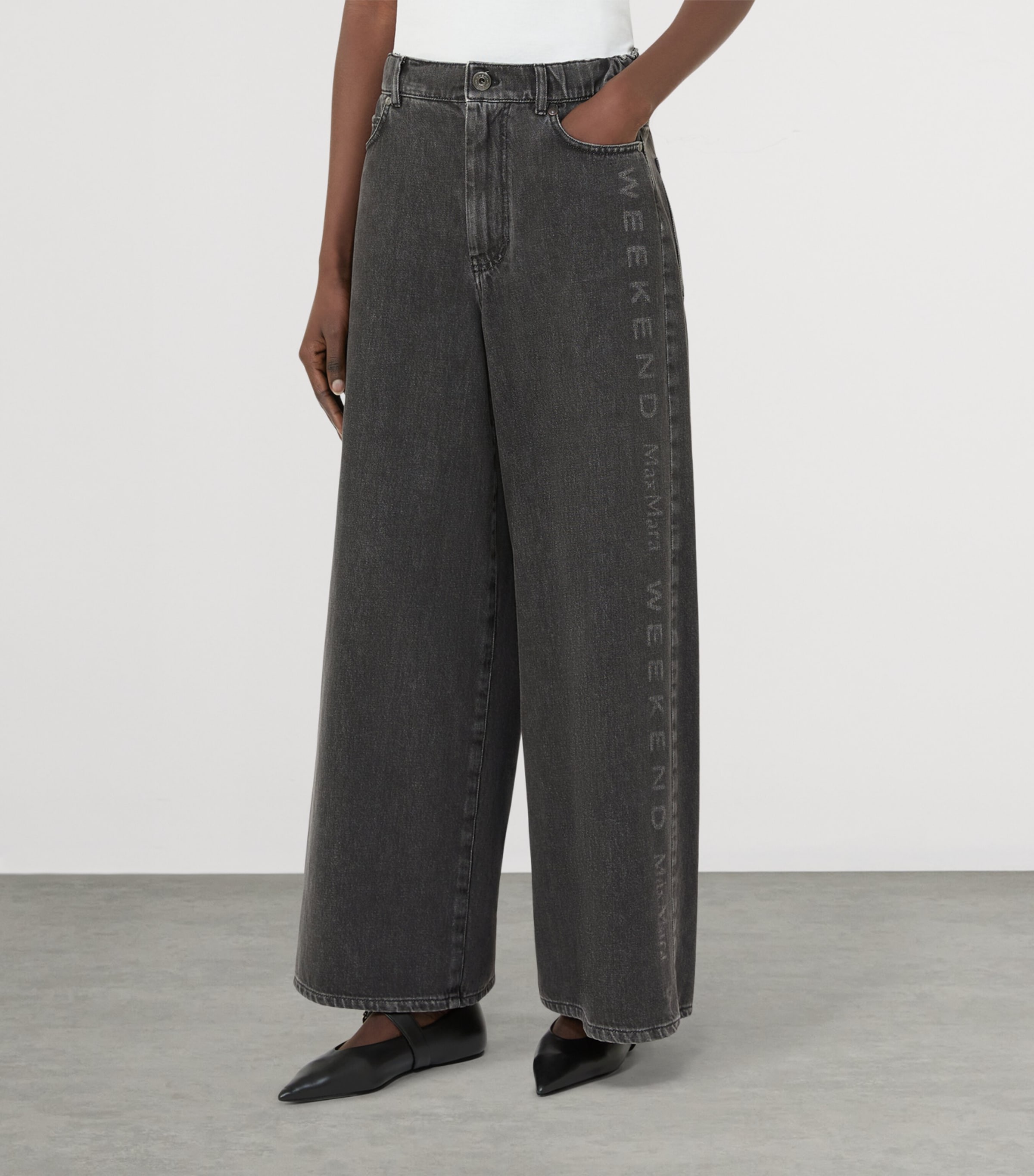 Weekend Max Mara Womens Logo-Printed Authentic Wide-Leg Jeans Black Image 3