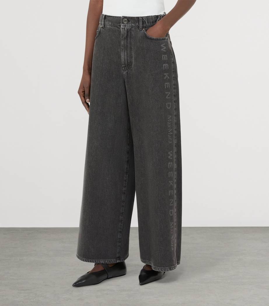 Weekend Max Mara Womens Logo-Printed Authentic Wide-Leg Jeans Black Image 3