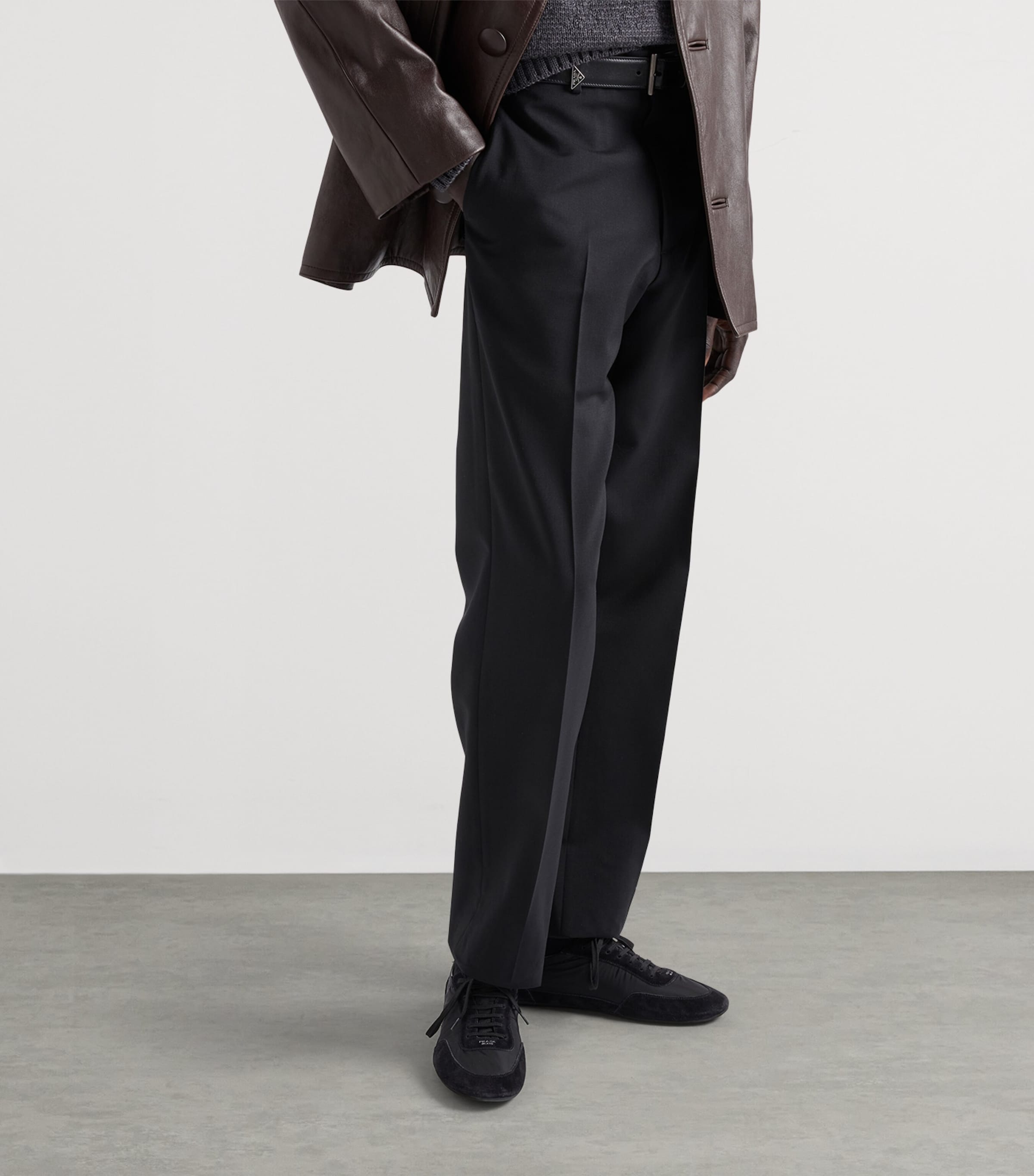 Prada Black Wool-Mohair Logo Trousers | Harrods UK