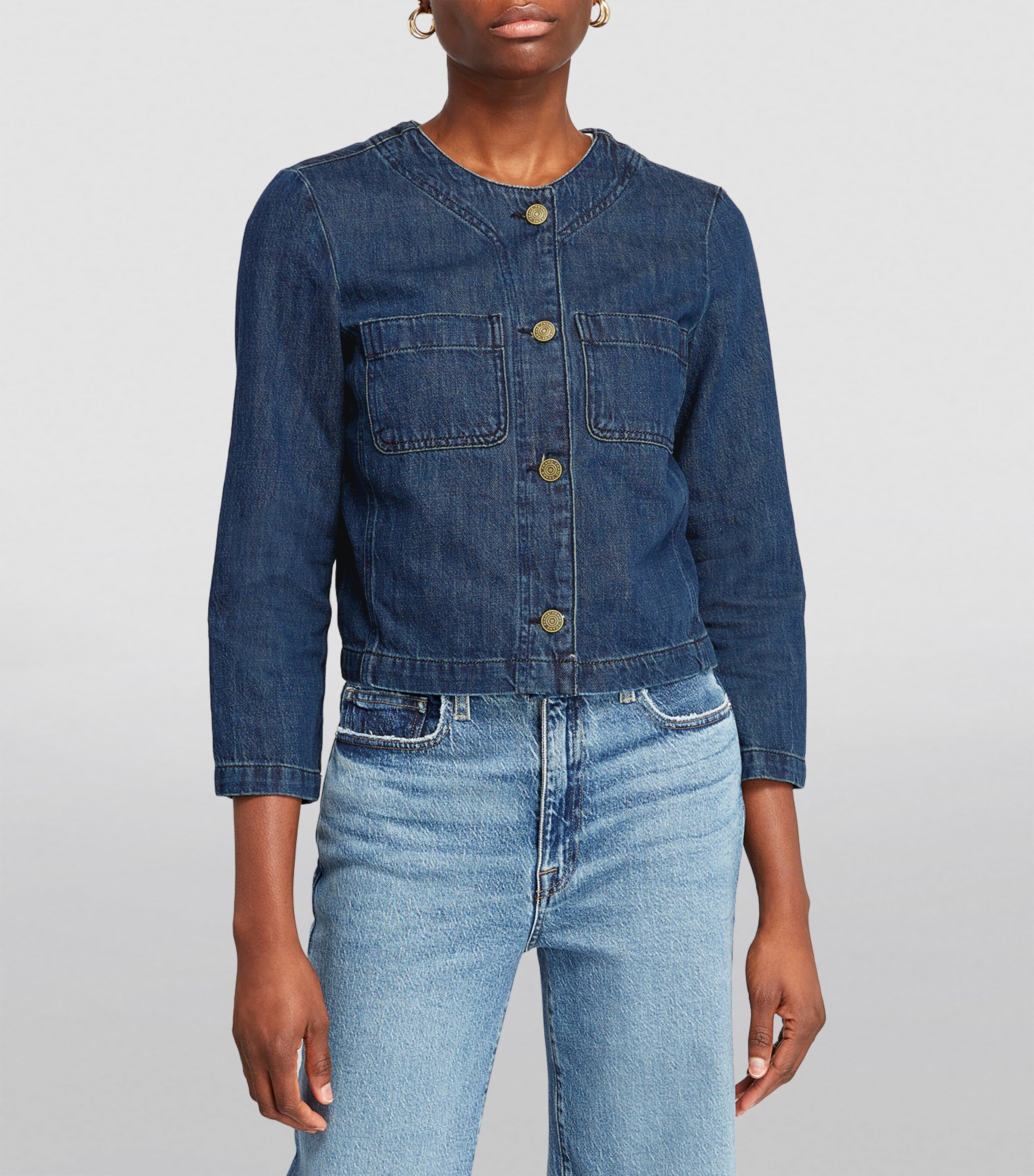 FRAME Collarless Denim Jacket | Harrods UK
