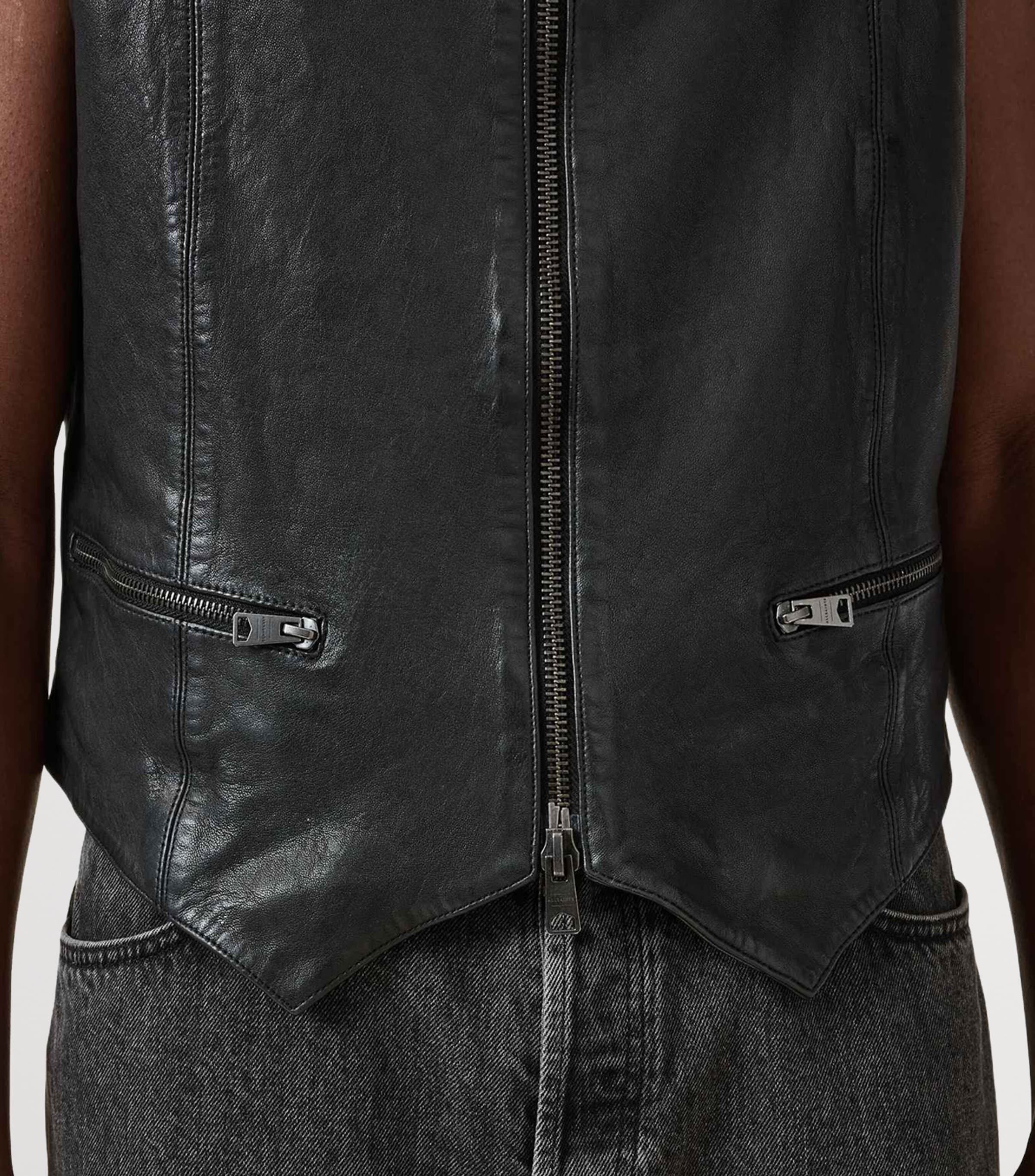 AllSaints Mens Leather Davies Waistcoat Black Image 5