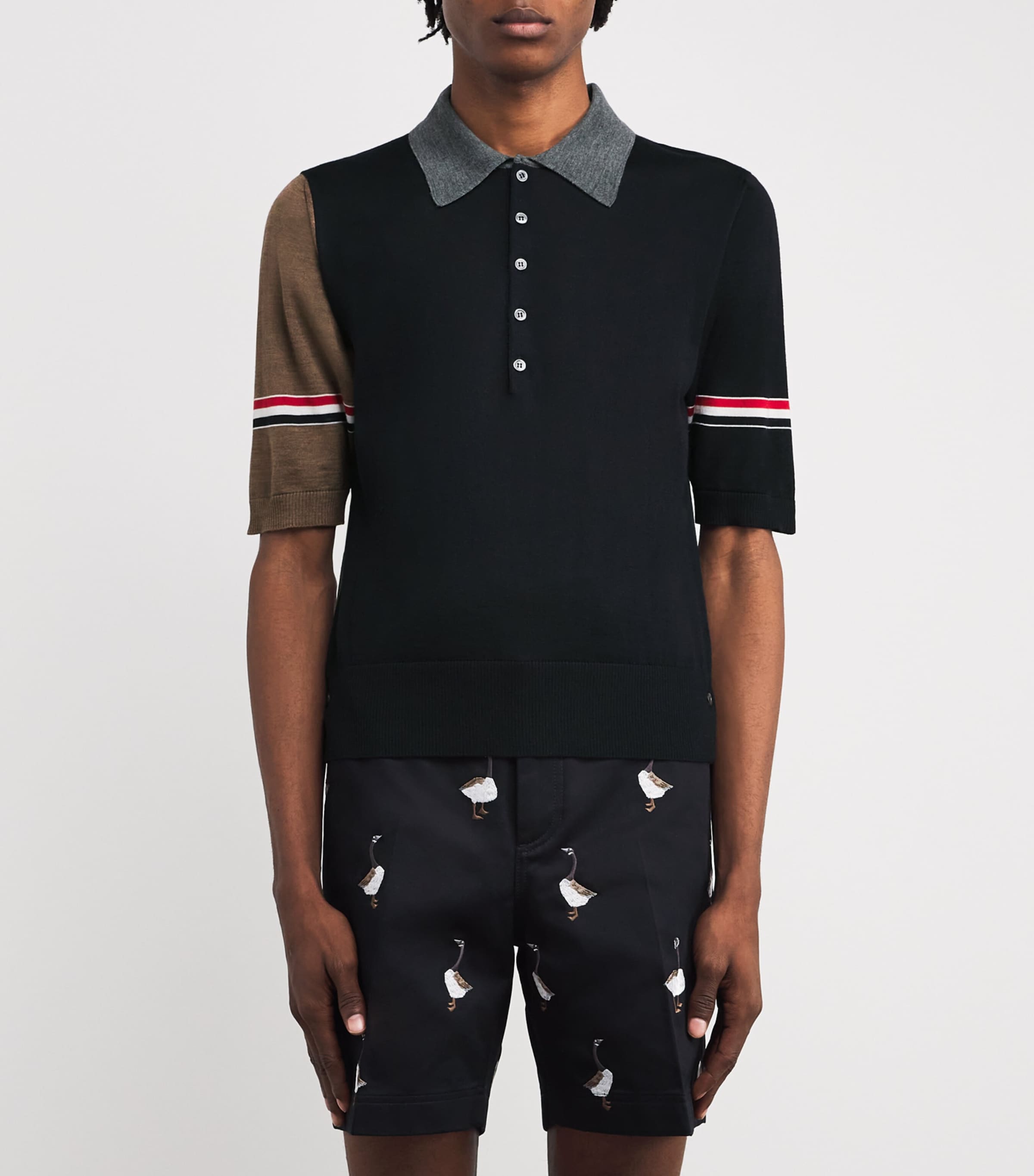 Virgin Wool Tricolour Polo Shirt NAVY/GREY/BROWN Image 3