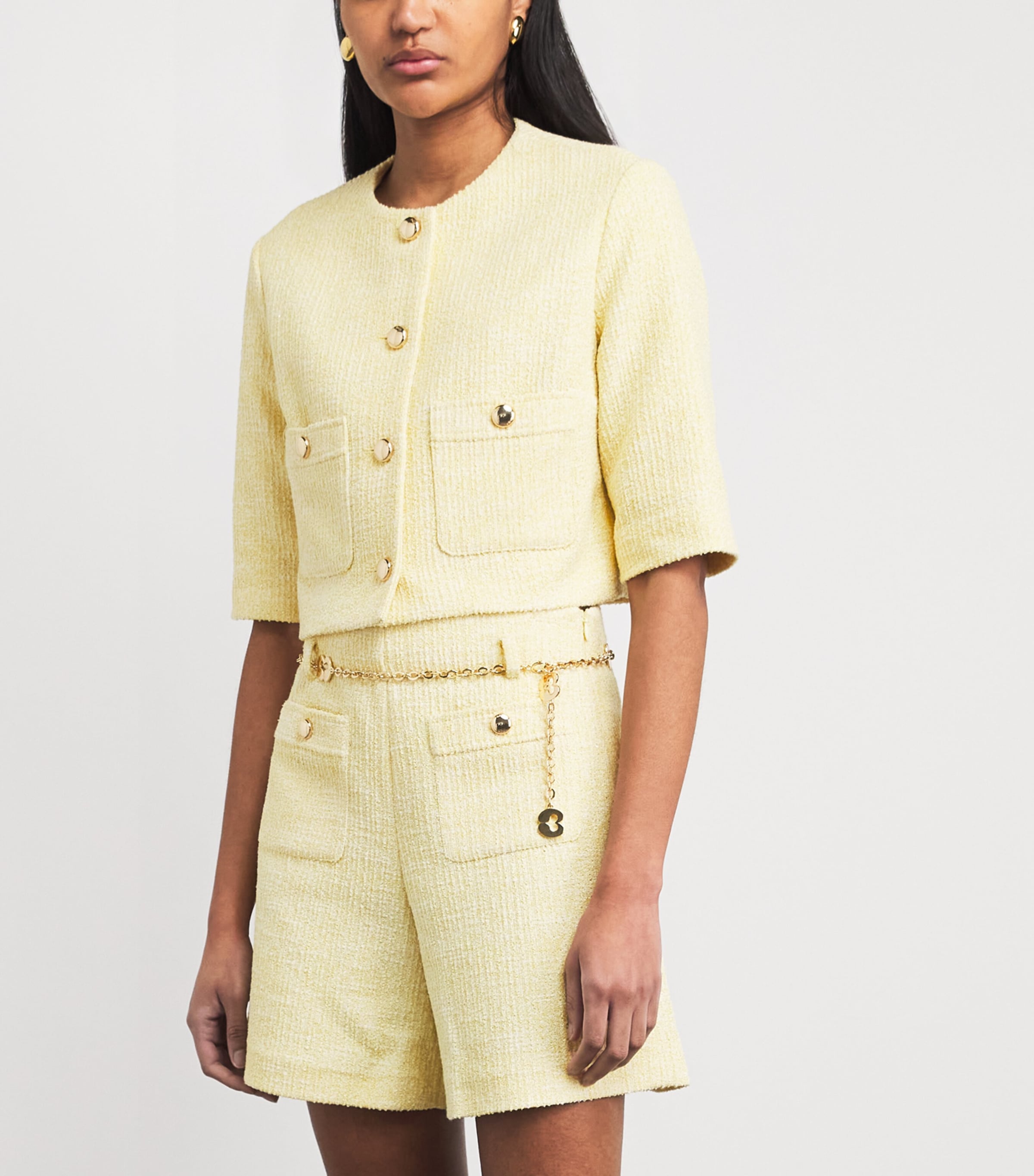 Tweed Cropped Jacket PALE YELLOW Image 4