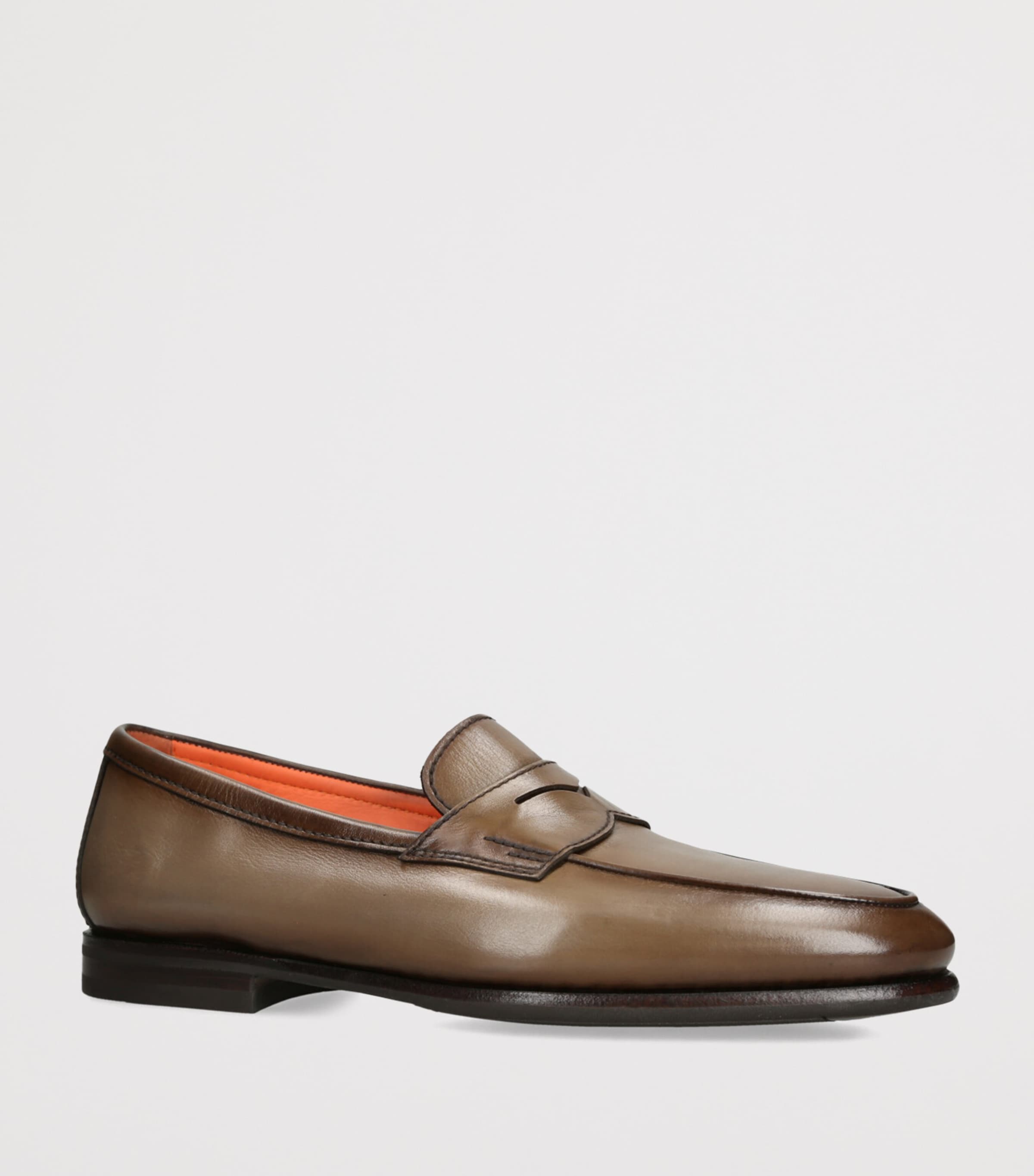 Santoni Leather Carlos Penny Loafers Beige Image 3