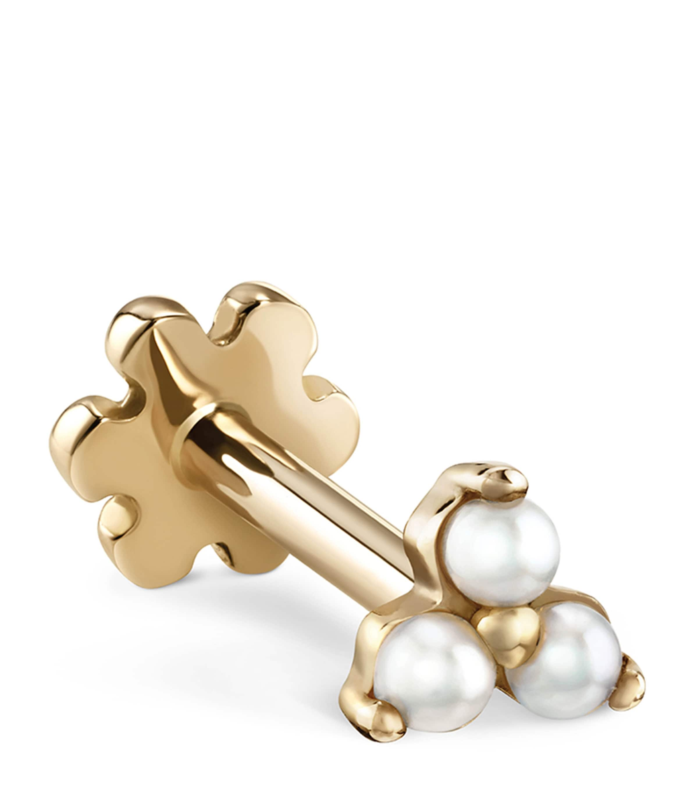 MARIA TASH YELLOW GOLD PEARL TRINITY THREADED STUD EARRING