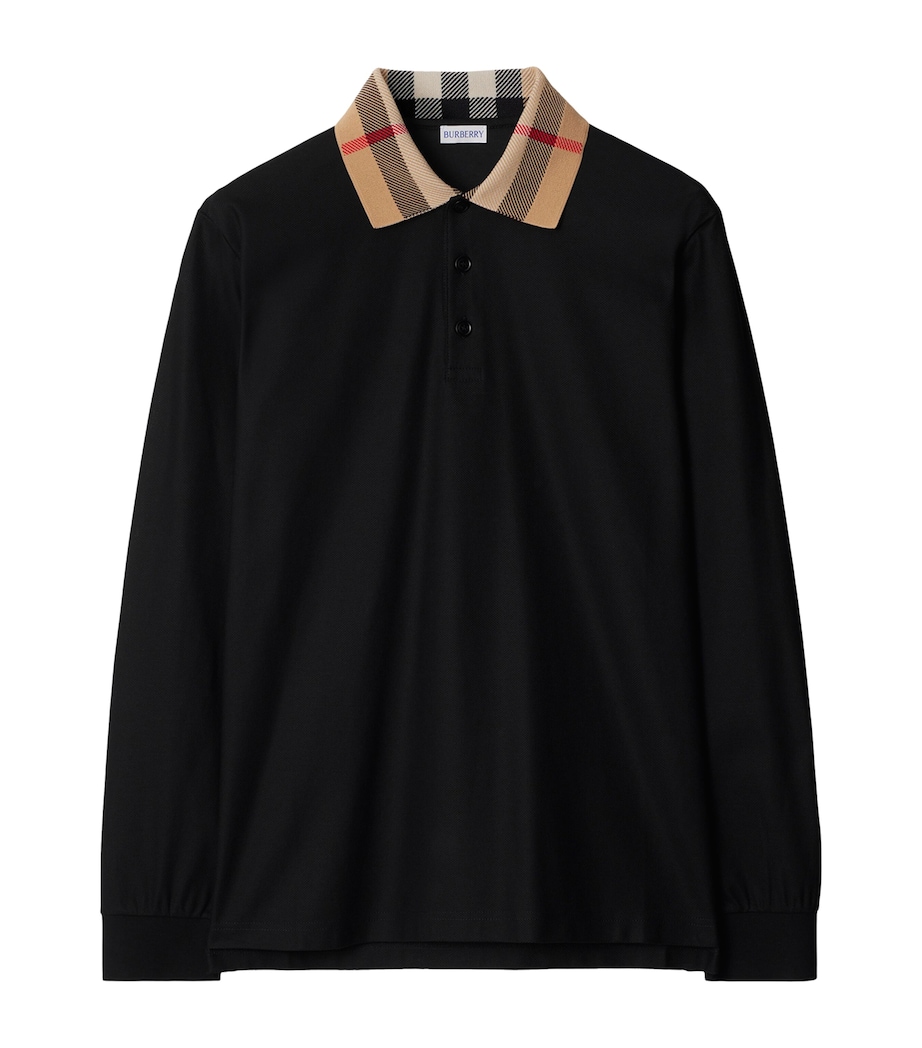 Cotton Check-Collar Long-Sleeve Polo Shirt BLACK Image 1