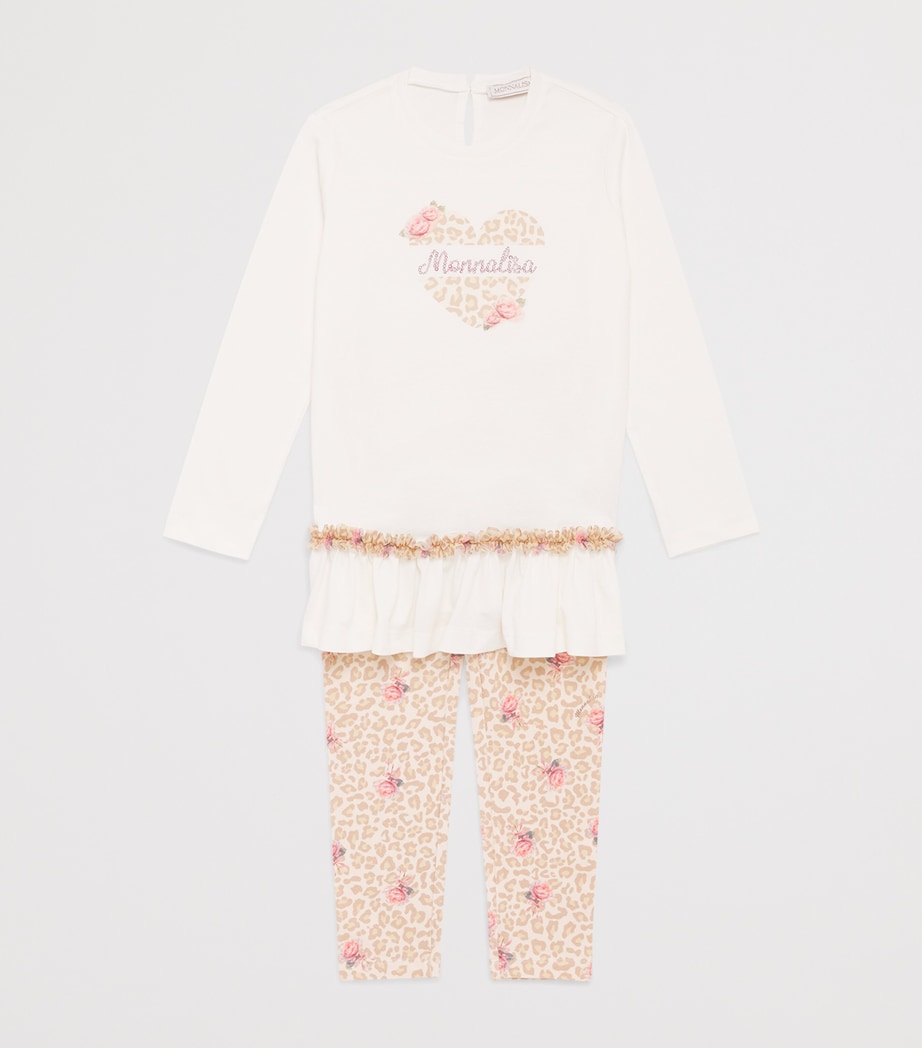 Monnalisa Cotton Printed T-Shirt and Leggings Set (3 Months-6 Years) Panna+maculato Image 3