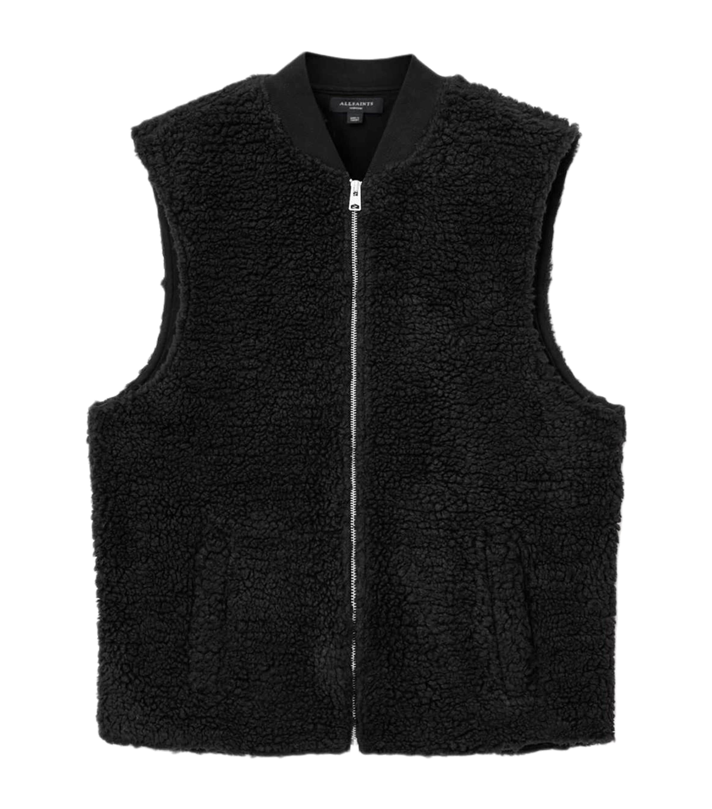 Allsaints Mens Jet Black Otis Ribbed-collar Sherpa Gilet Xl In Black