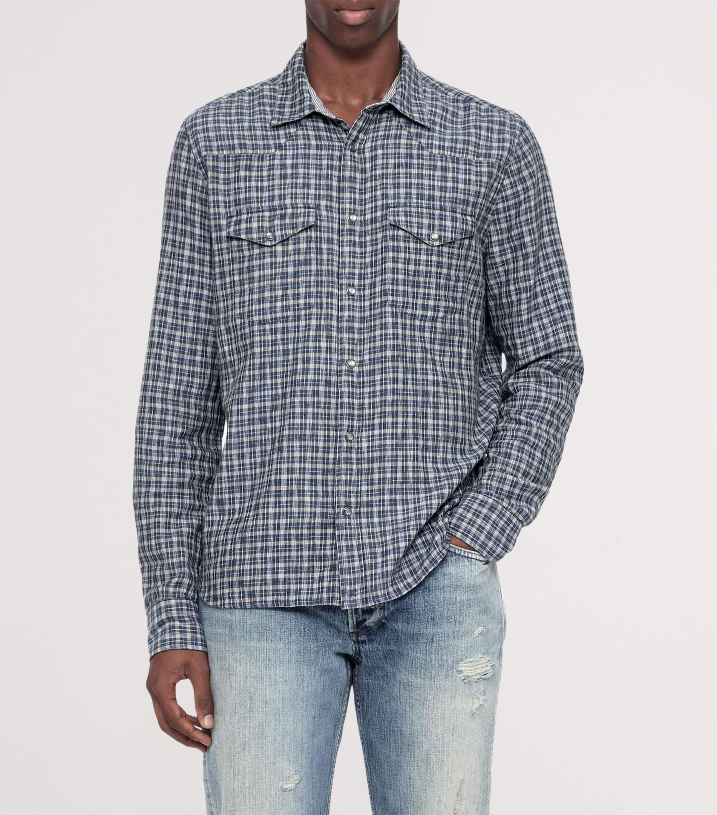 AllSaints Mens Organic Cotton Check Court Shirt Indigo Blue Image 3
