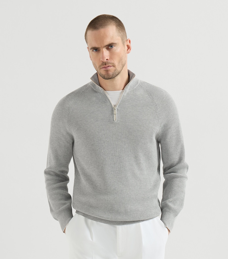 Brunello Cucinelli Mens Cotton Rib-Knit Quarter-Zip Sweater Image 3