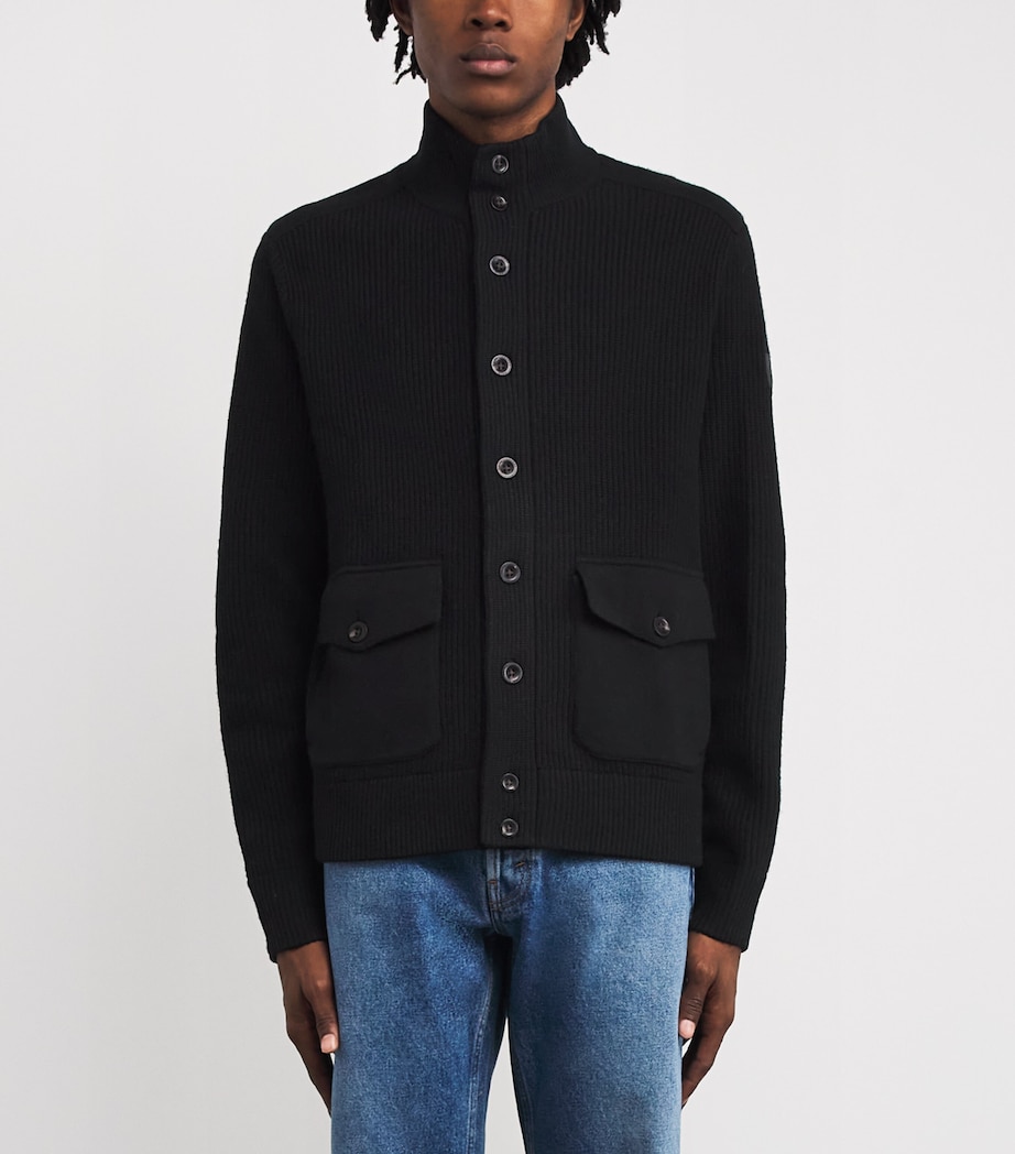 Wool Ribbed Funnel-Neck Cardigan BLACK Image 3