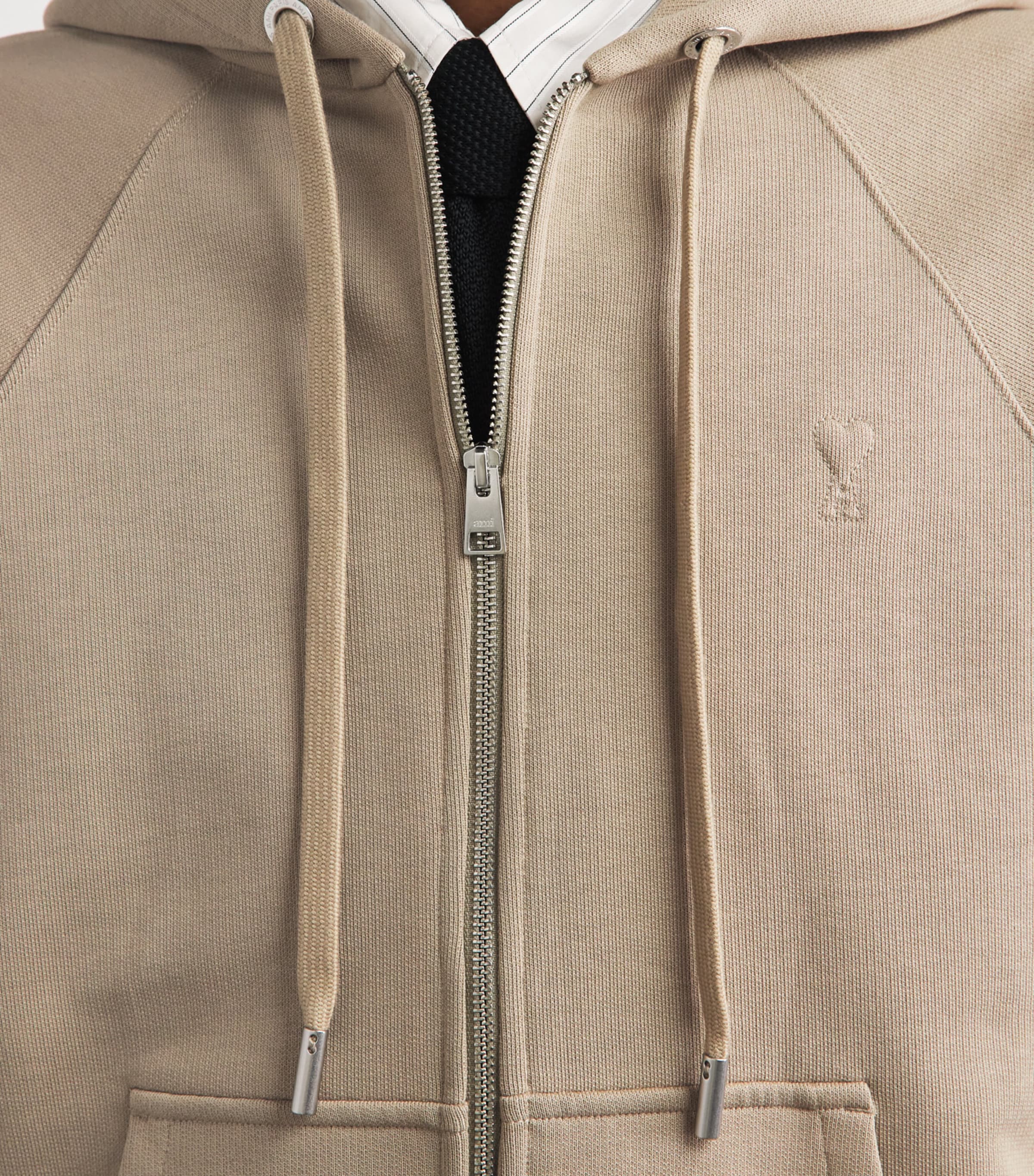 AMI Paris Mens Cotton Quota Zip-Up Hoodie Beige Taupe Image 3