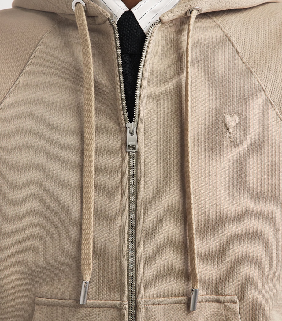 AMI Paris Mens Cotton Quota Zip-Up Hoodie Beige Taupe Image 3