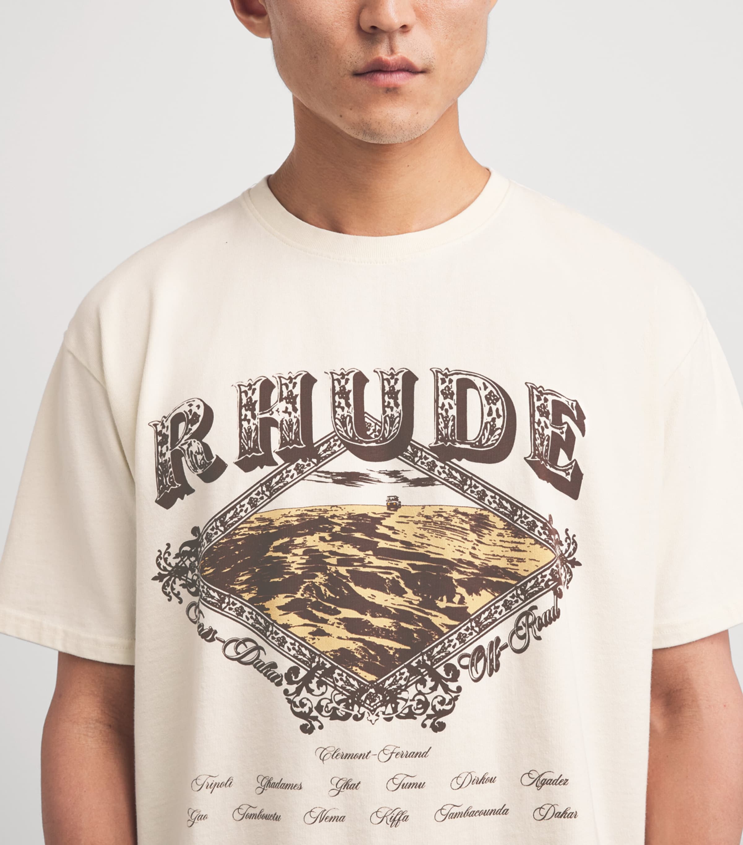 Rhude Mens Cotton Dakar Print T-Shirt Vintage White /brown Image 3