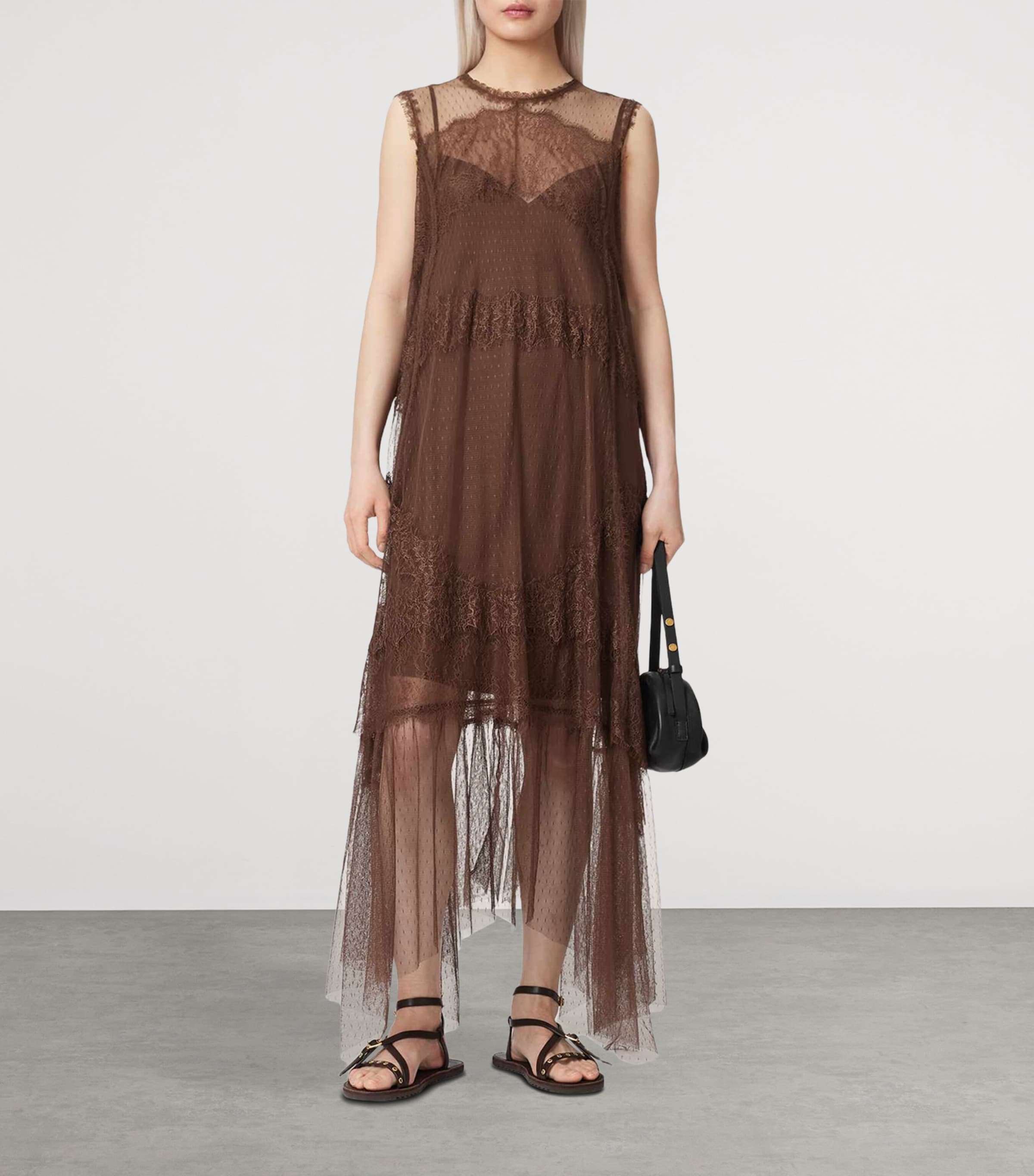 AllSaints Womens Tulle Lace-Trimmed Clara Midi Dress Bitter Brown Image 6