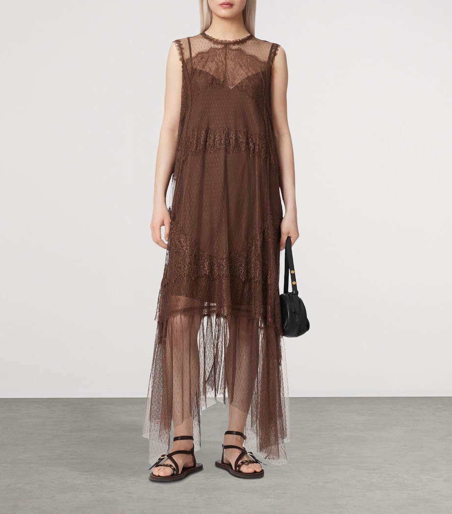 AllSaints Womens Tulle Lace-Trimmed Clara Midi Dress Bitter Brown Image 6