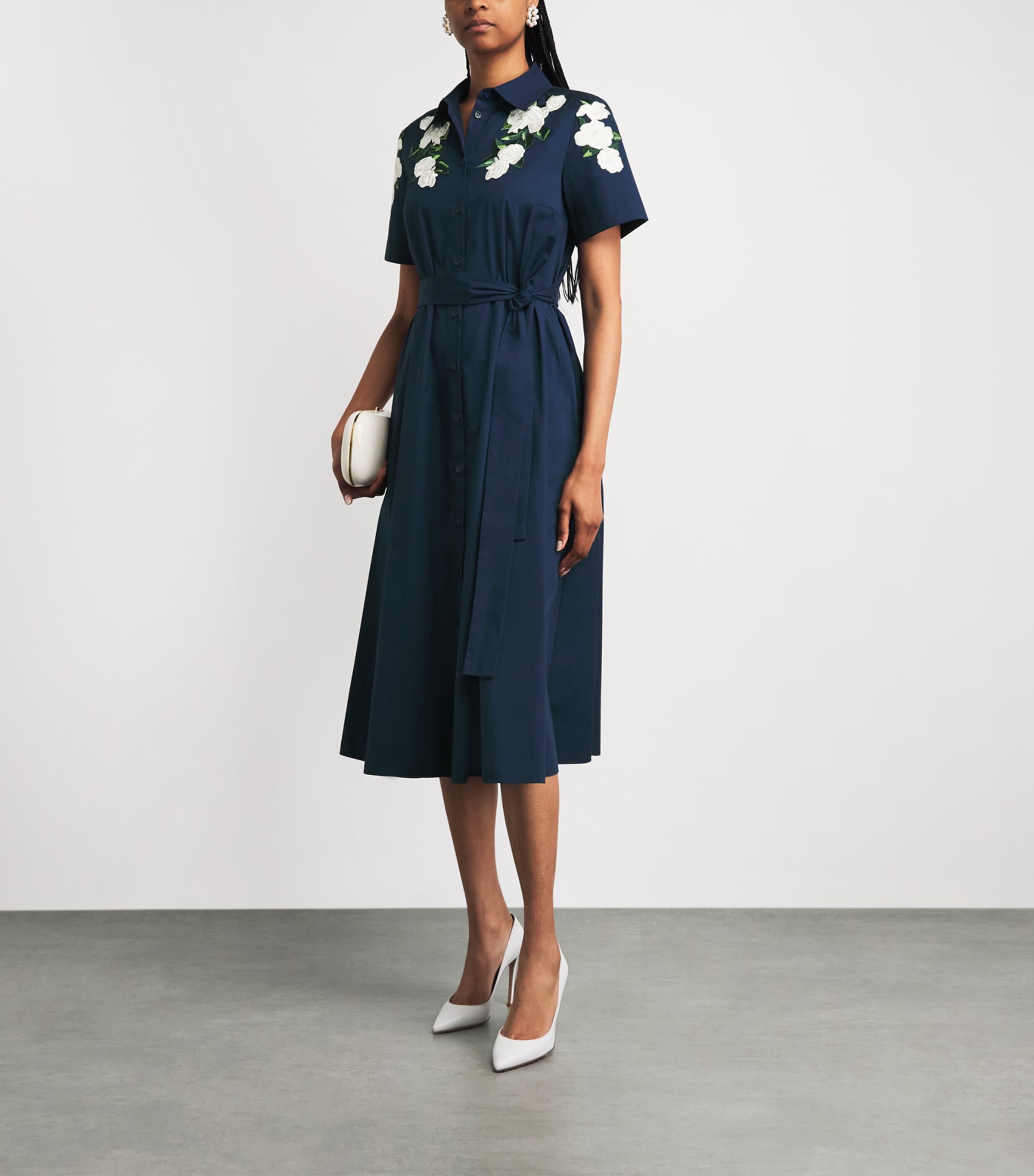 Carolina Herrera Womens Floral-Embroidered Midi Shirt Dress Midnight Image 2