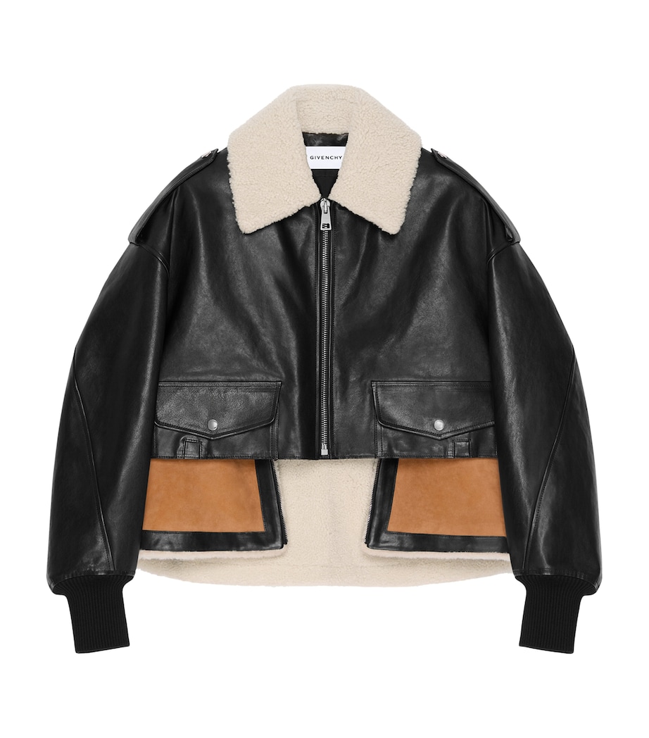 Leather-Shearling Cropped Aviator Jacket BLACK Image 1