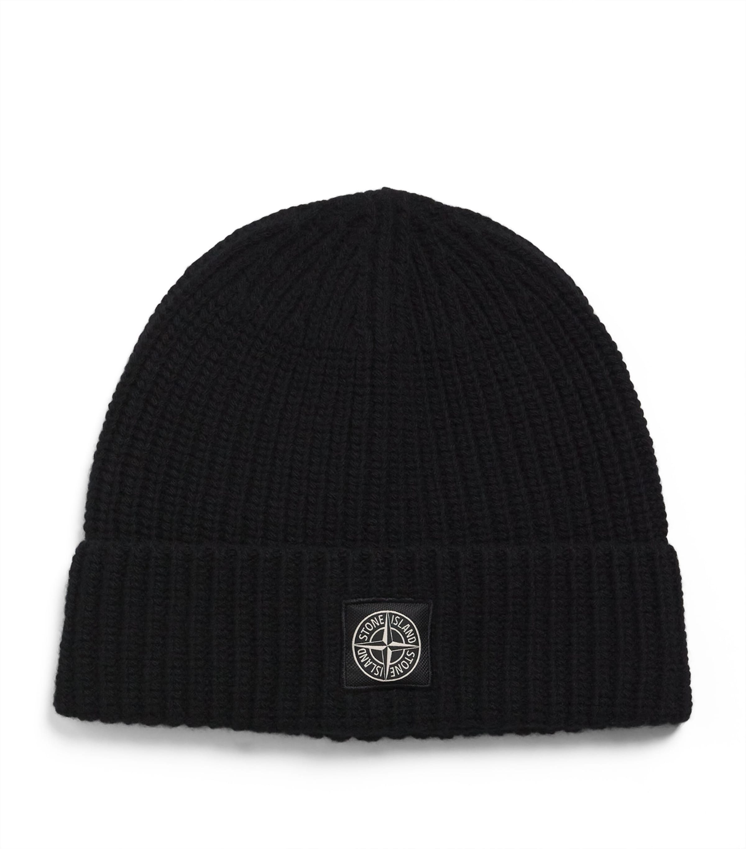 Stone Island Ribbed Knit Beanie With Compass Logo Patch In Black
