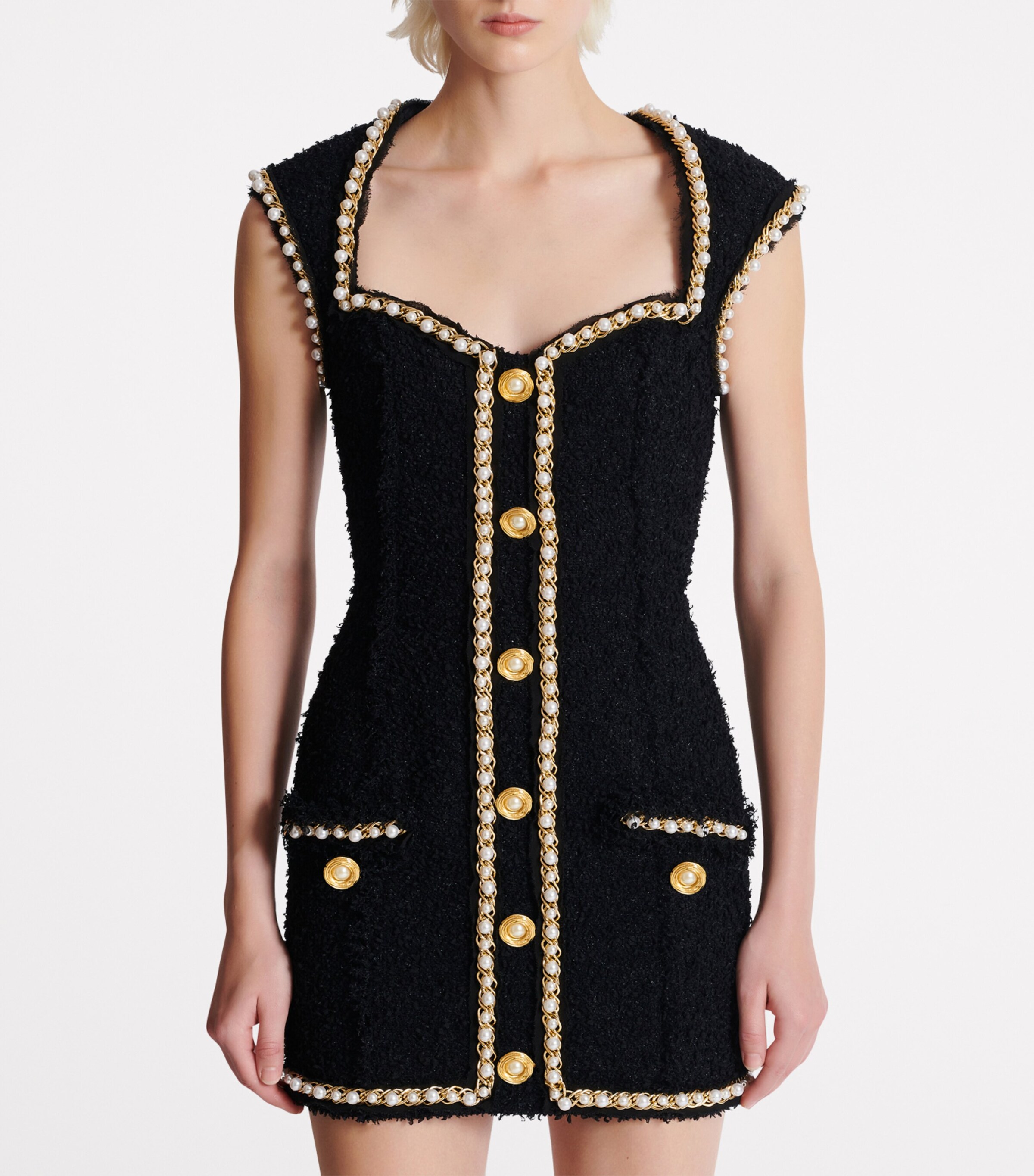 Balmain Womens Tweed Embellished Mini Dress Eel Black Image 6