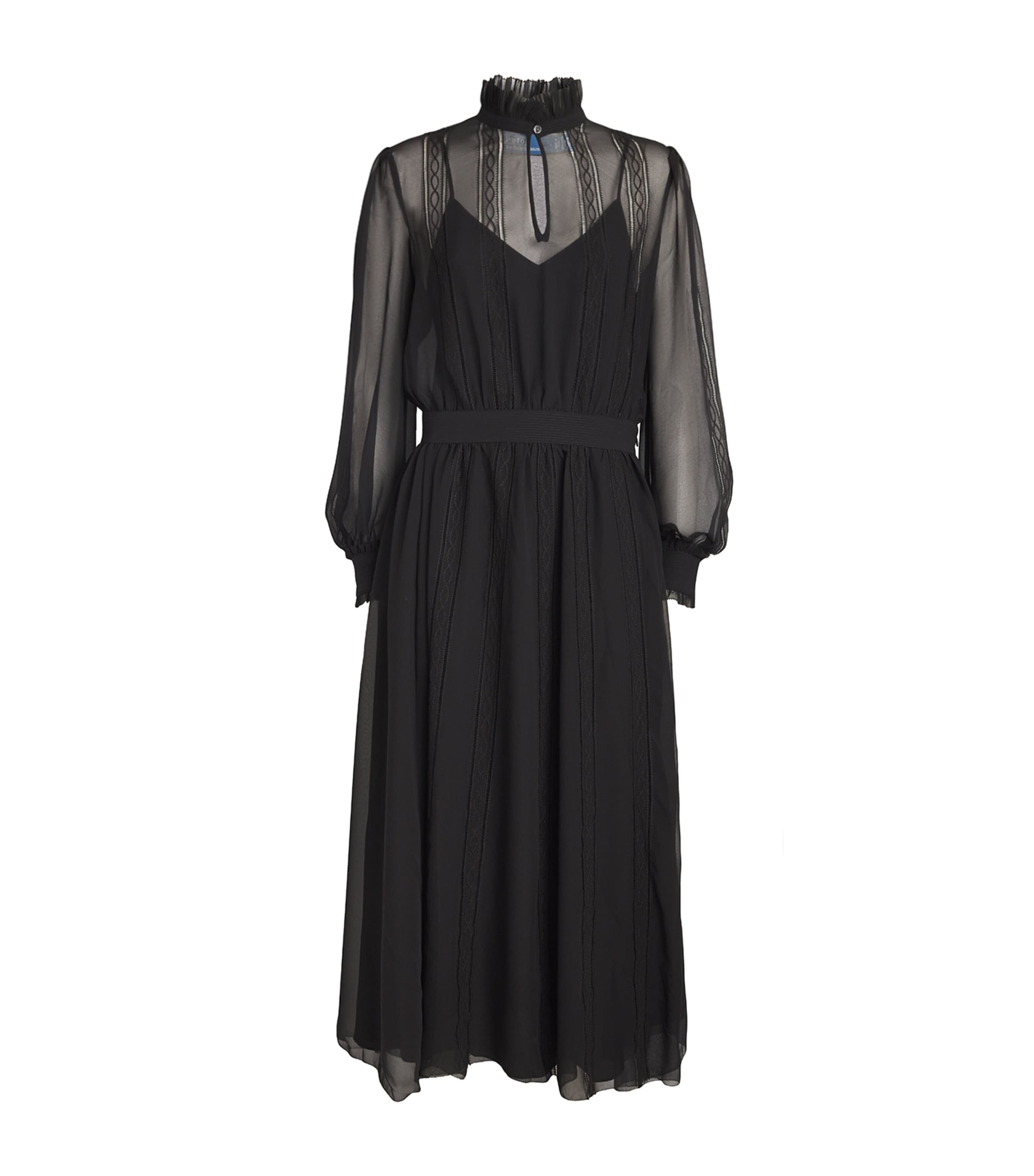 Polo Ralph Lauren Georgette Lace-trim Midi Dress In Black