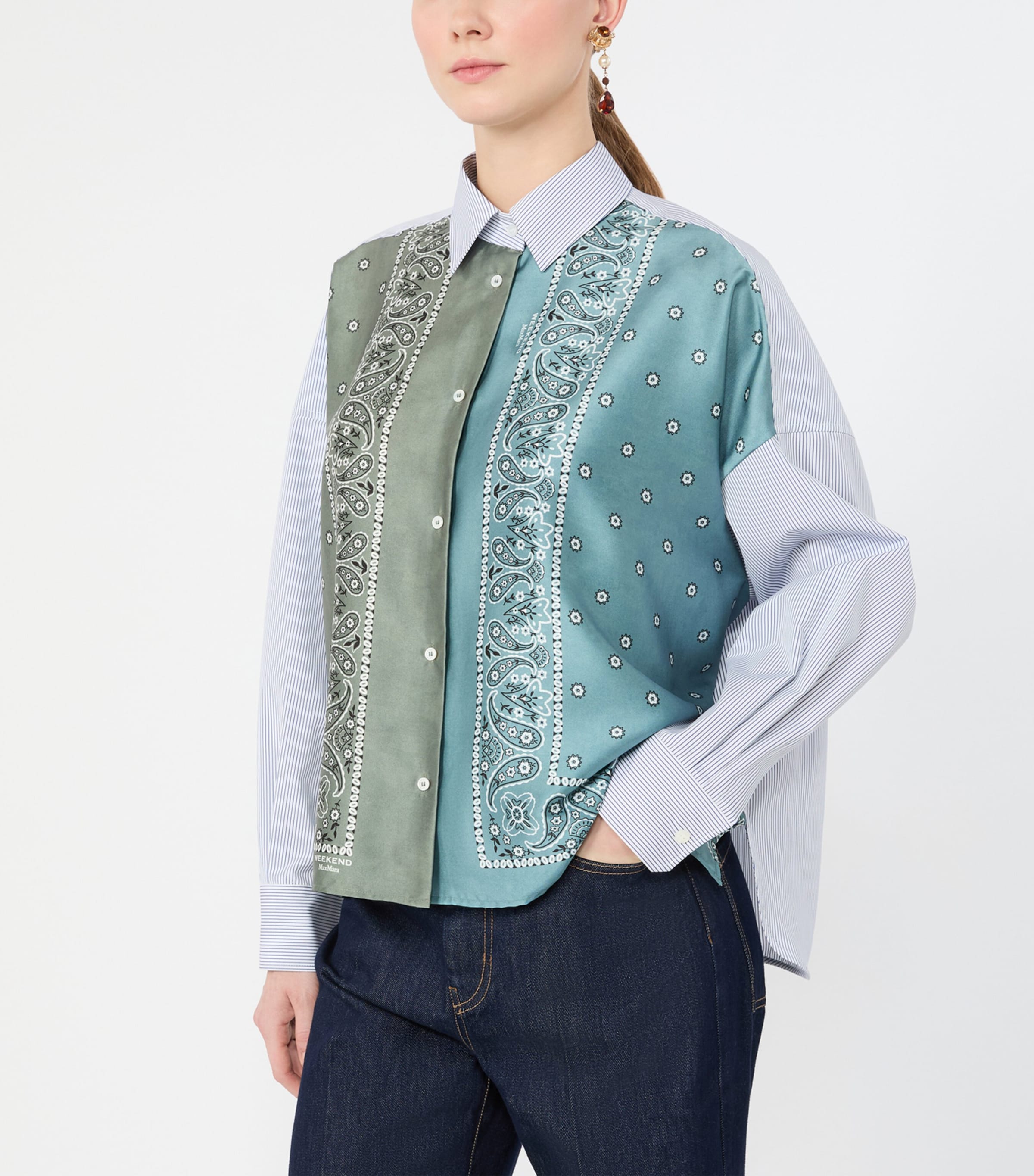 Weekend Max Mara Womens Satin-Front Bandana Print Shirt Kaki Image 5
