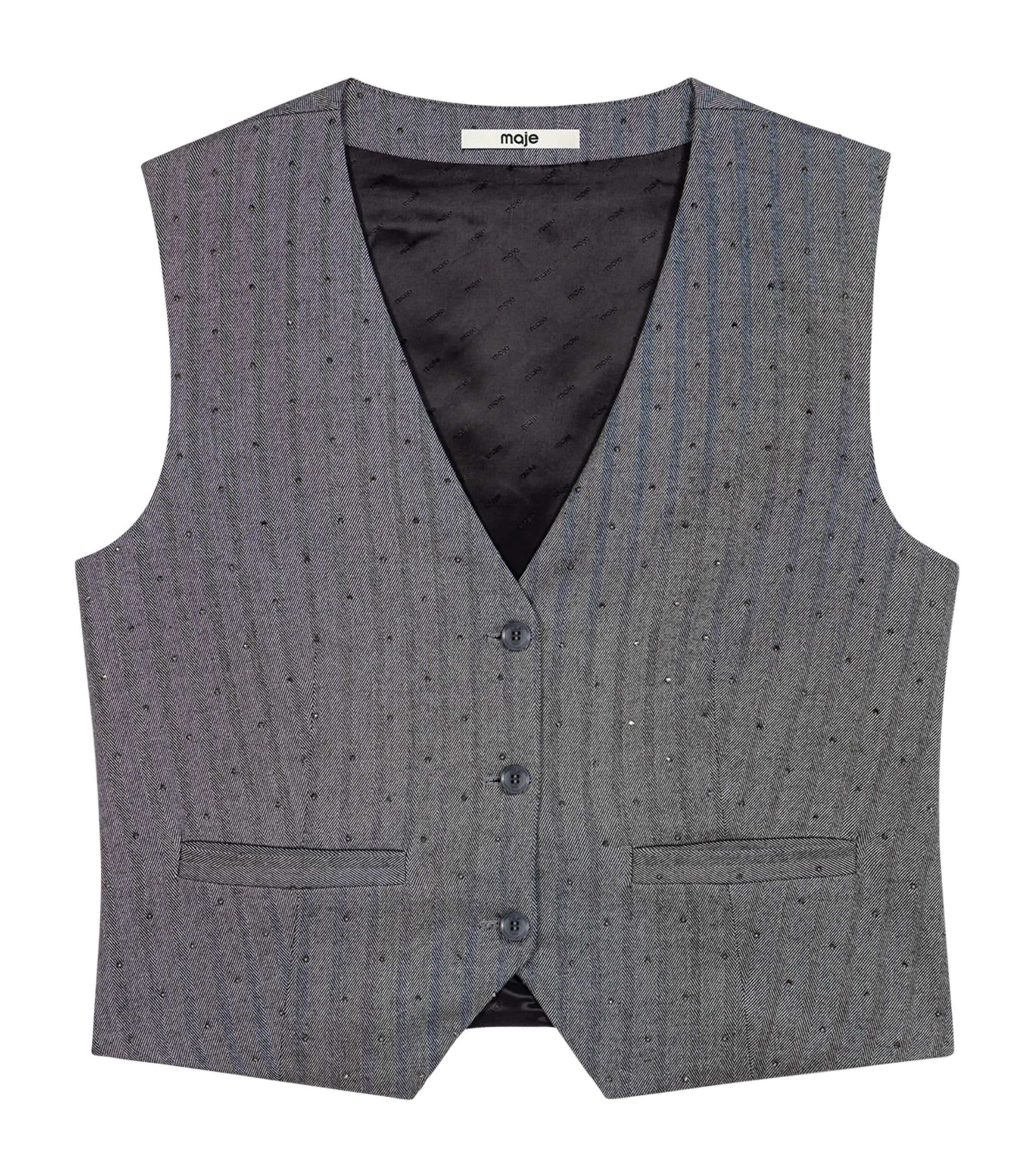 Maje Womens Striped Rhinestone-Embellished Waistcoat Grey Image 1
