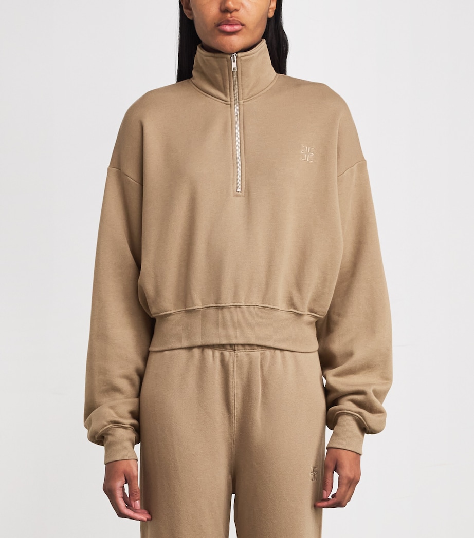 Cotton-Blend Half-Zip Cropped Sweatshirt TAUPE TPE Image 3