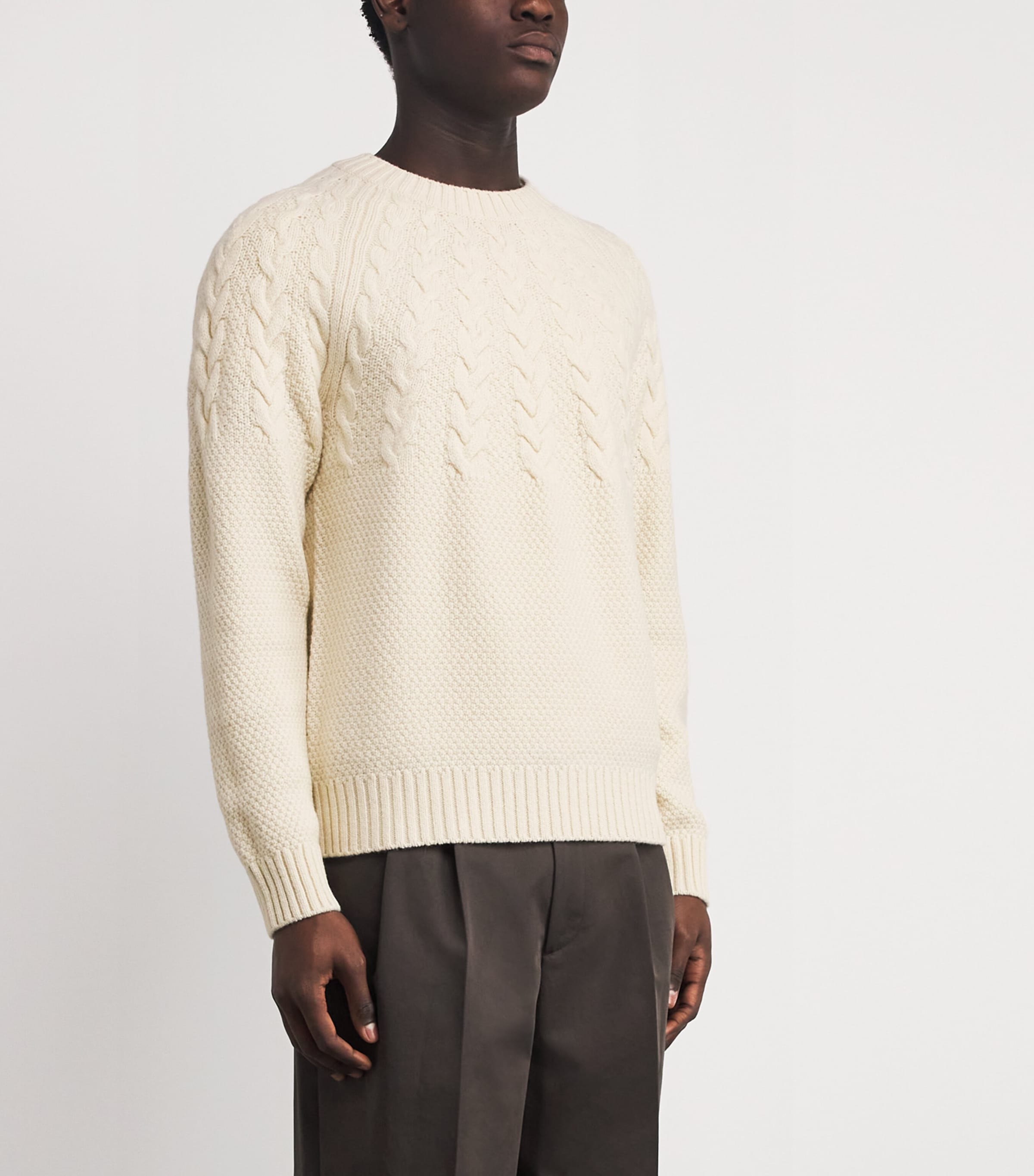 Merino Wool Cable-Knit Yoke Sweater 250LDN LT DUNE Image 3