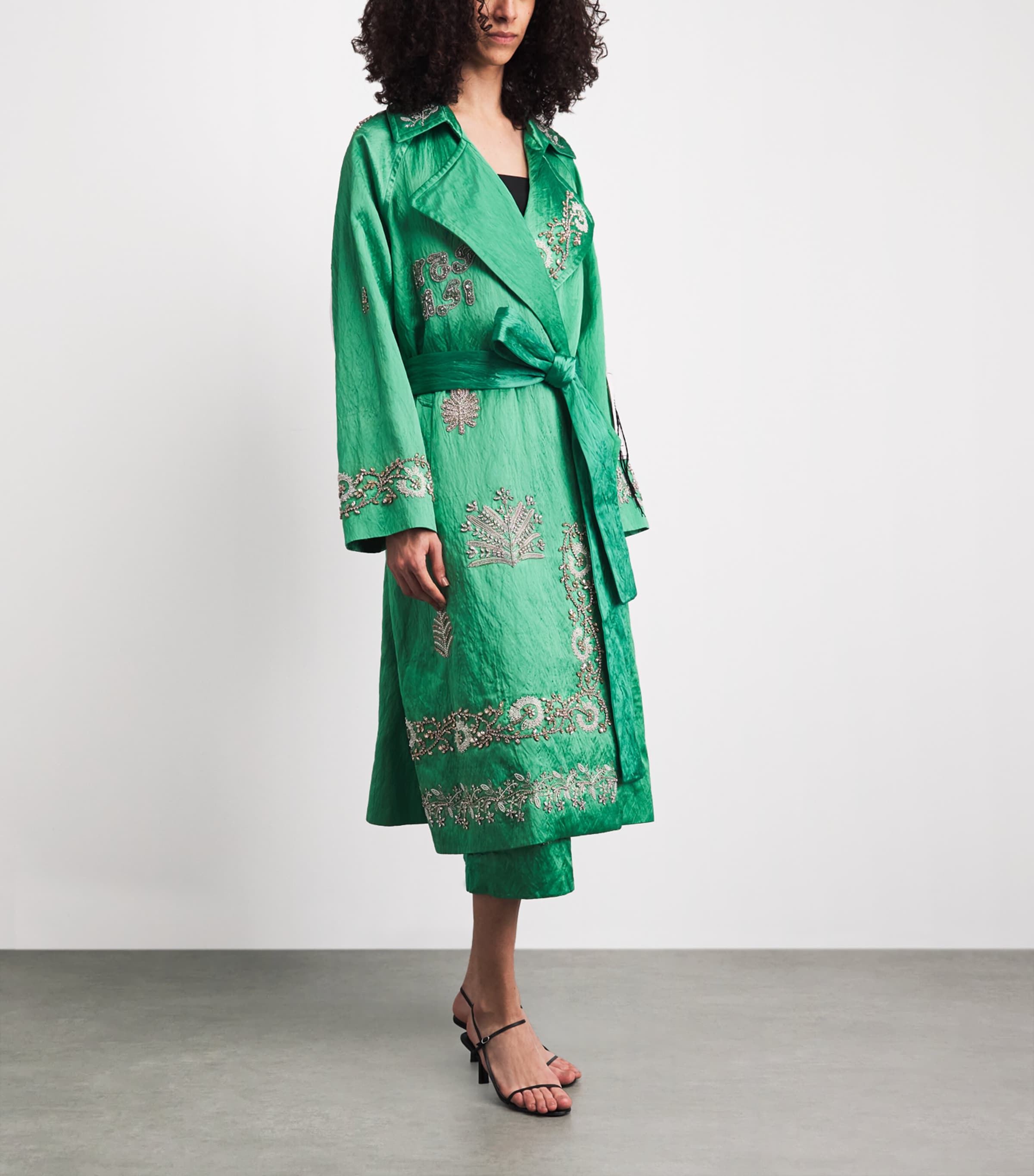 Erdem Womens Satin Embellished Belted Coat Sea Green Image 4